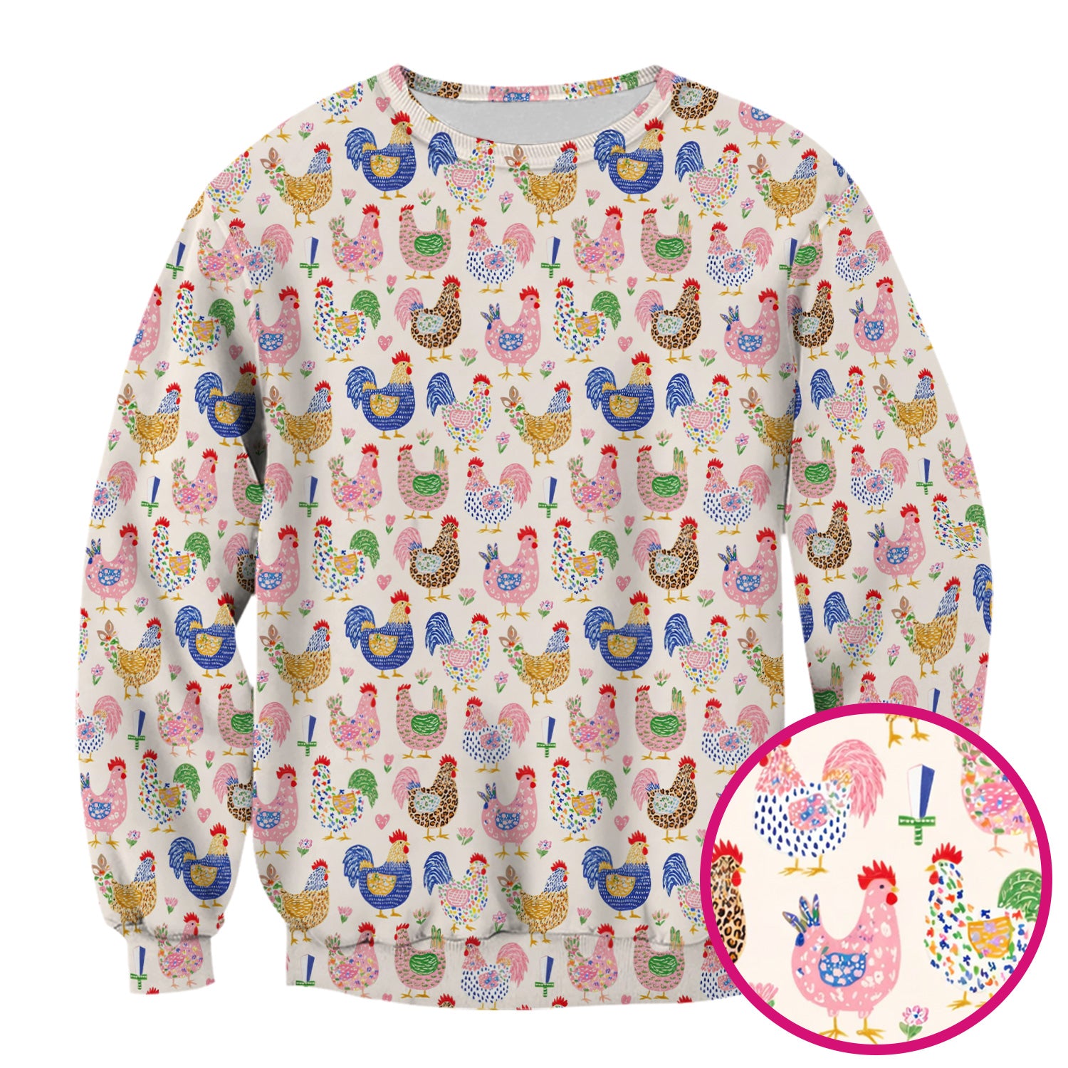 Colorful Chicken Farm Pattern Scrub Top, Breathable Fabrics Nursing Uniform