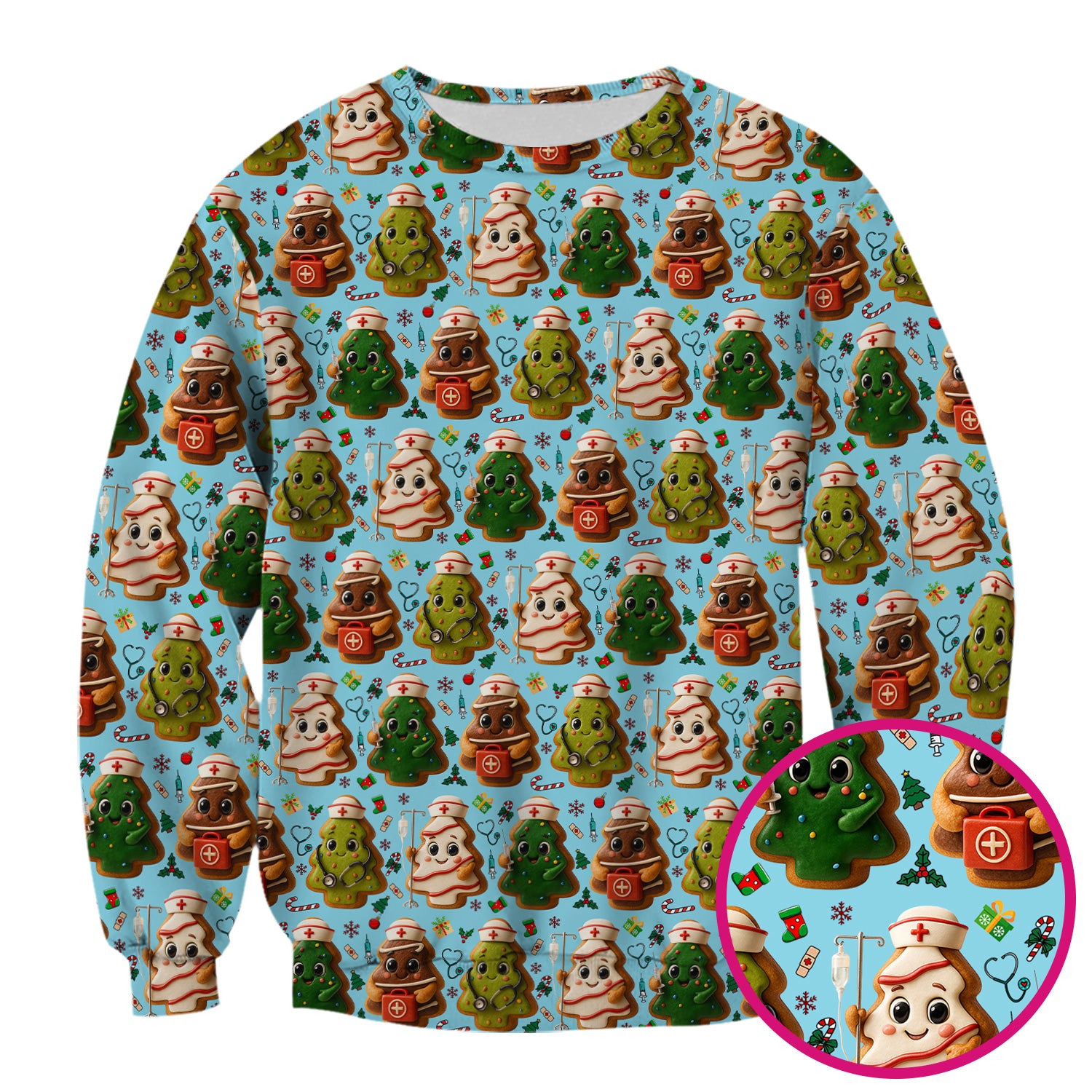 Christmas Cookie Scrub Top – Festive Nurse & Holiday Tree Pattern – Cute Medical Uniform for Nurses, Vets and Healthcare Workers