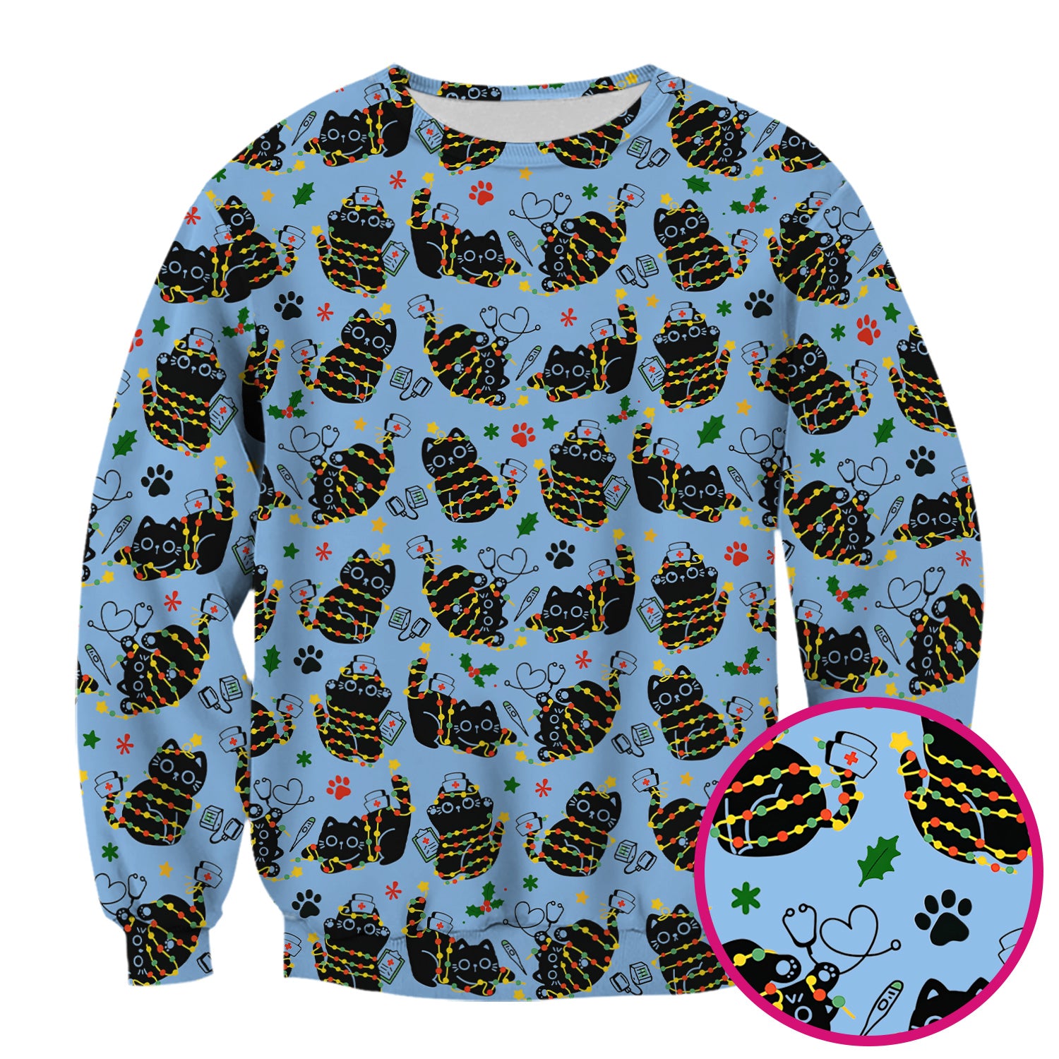 Black Cat Christmas Scrub Top – Nurse & Holiday Lights Pattern Shirt – Cute Medical Uniform For Nursing