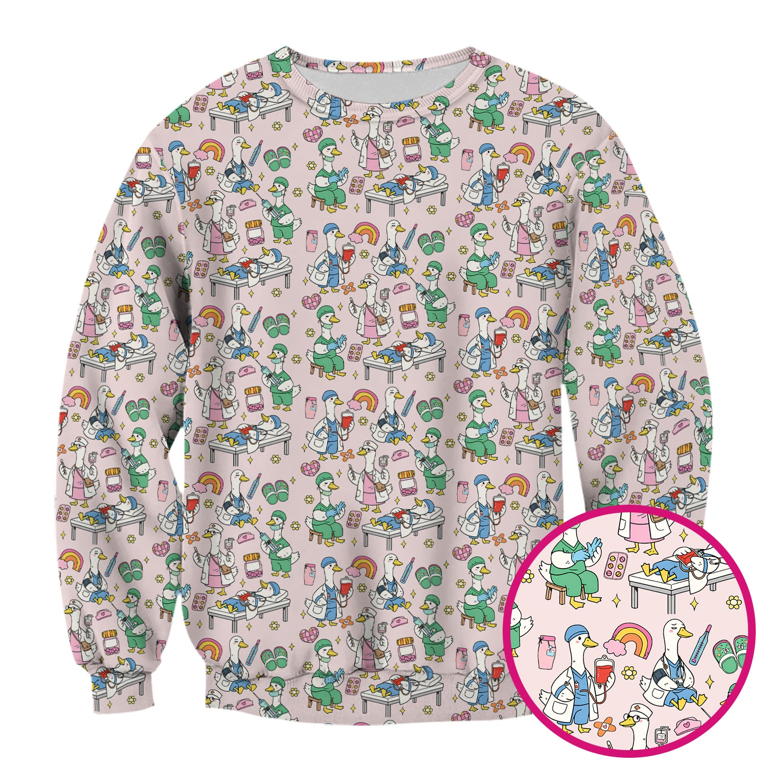 Funny Nurse Duck Medical Doodle Pattern Scrub Top, Comfortable Nurse Workwear Top
