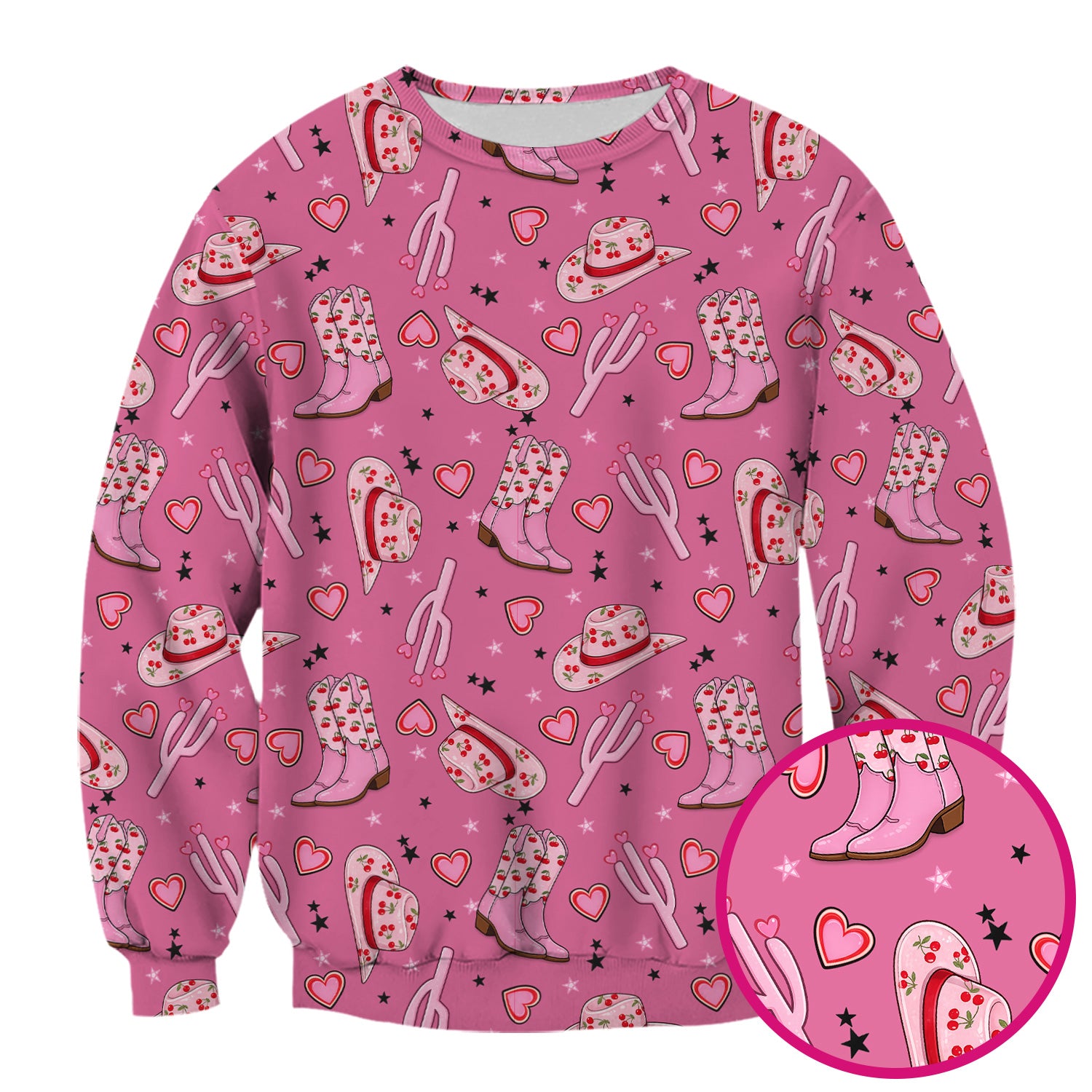 Pink Cowgirl Western Boots Hat Pattern Scrub Top, Breathable Medical Uniform Top