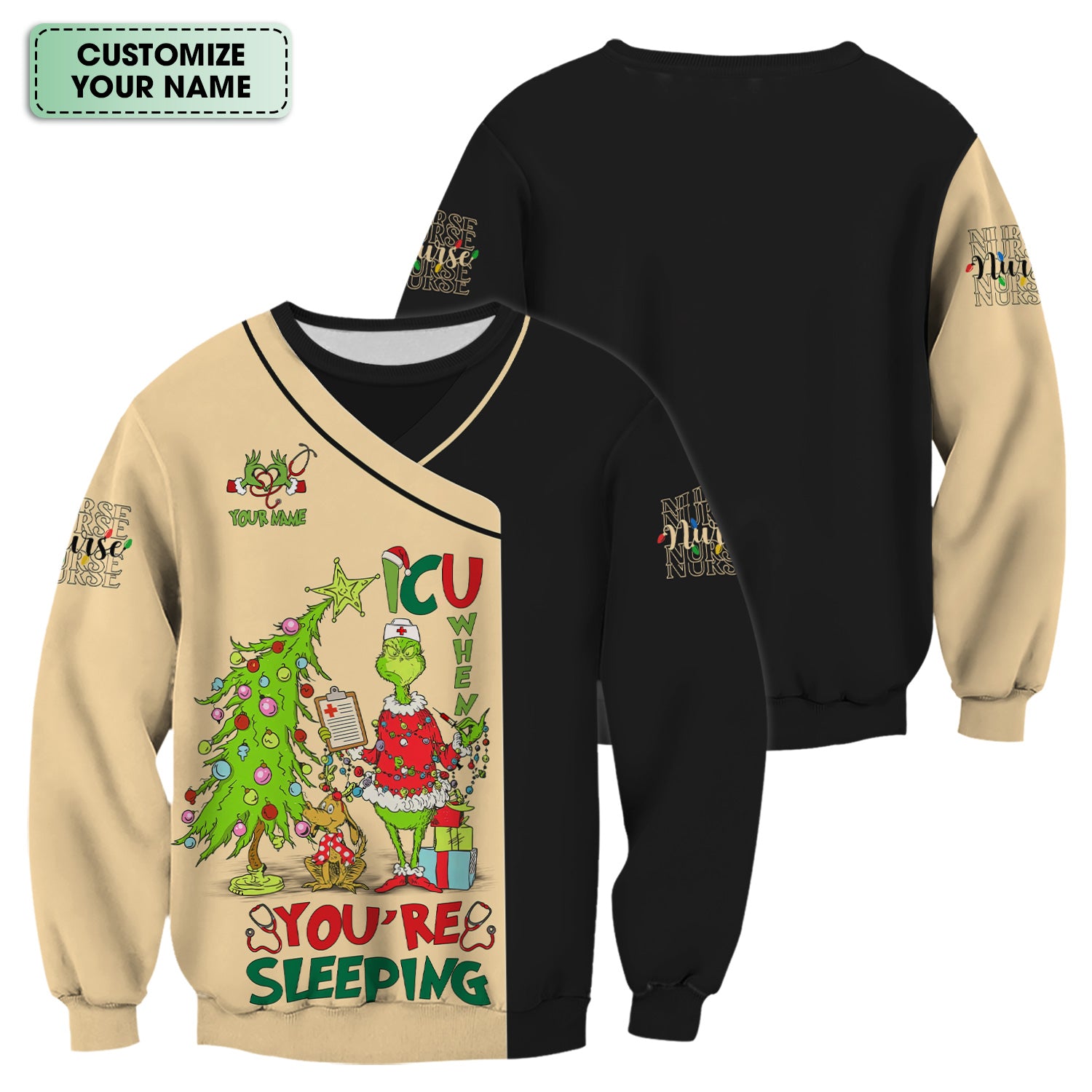 Custom Name Christmas Nurse Scrub - Grinch ICU When You’re Sleeping - LPN CNA RN Gift