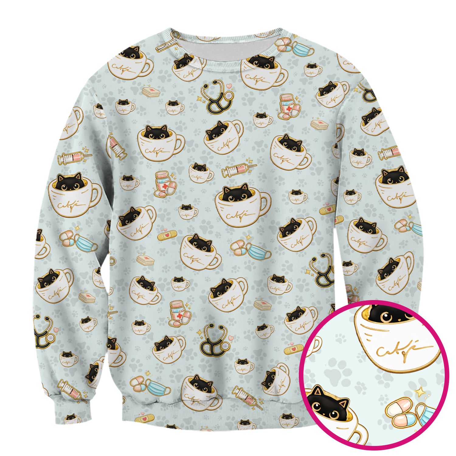 Cute Coffee Cat Medical Print Scrub Top, Breathable Fabrics Nursing Uniform