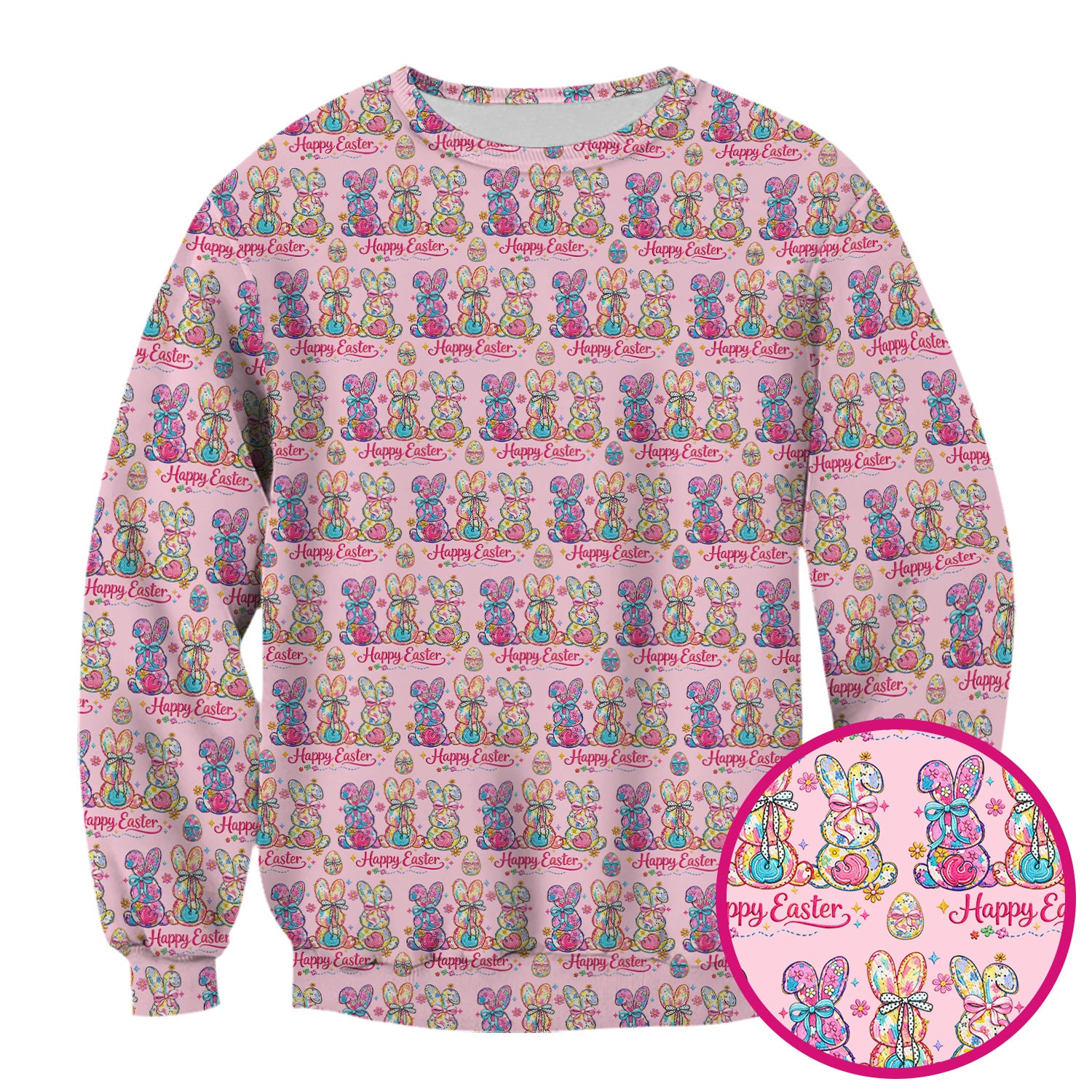Pink Happy Easter Bunny Pattern Scrub Top, Comfortable Scrubs for Nurses