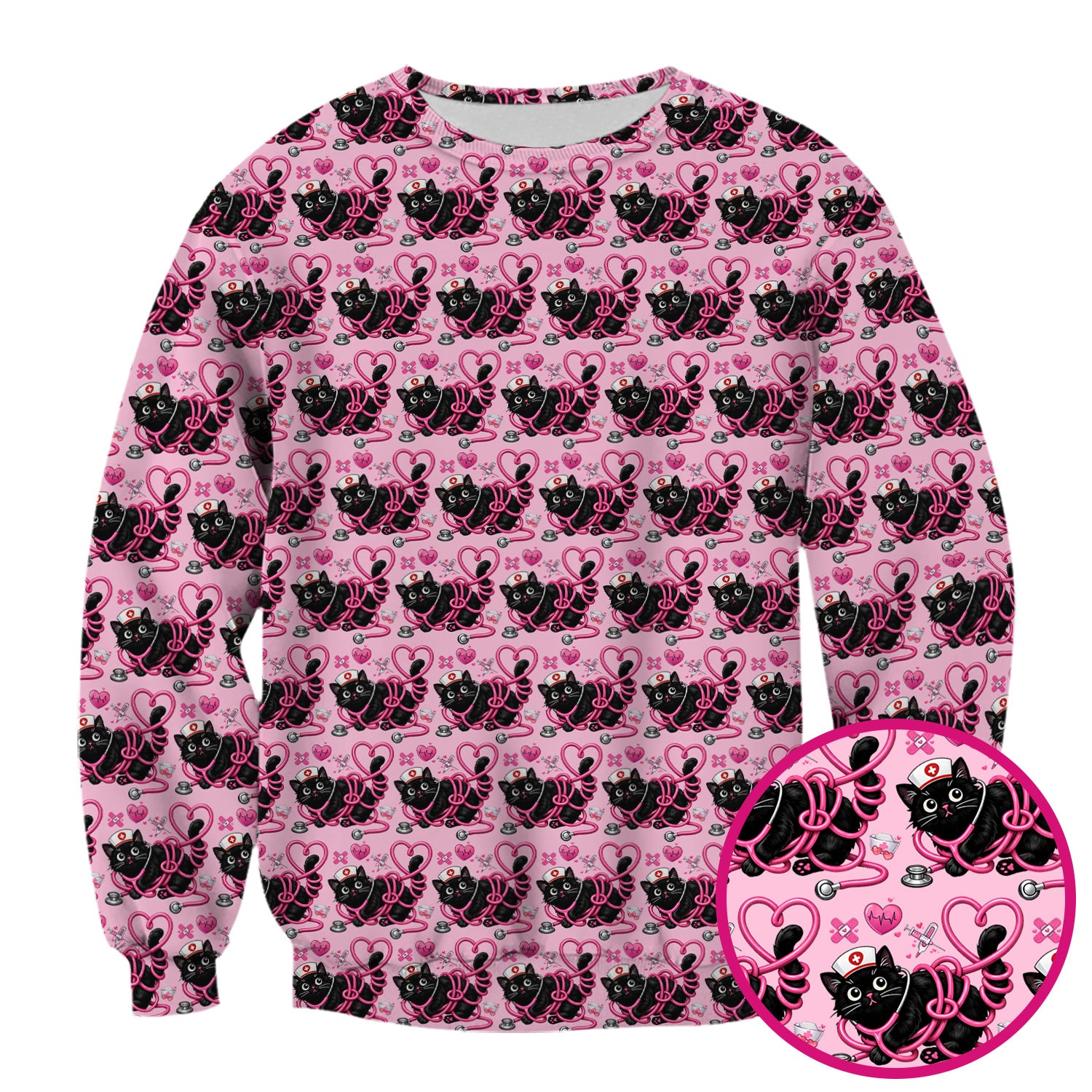 Valentine Cute Cat Nurse Heart Print Scrub Top, Comfortable Scrubs for Nurses