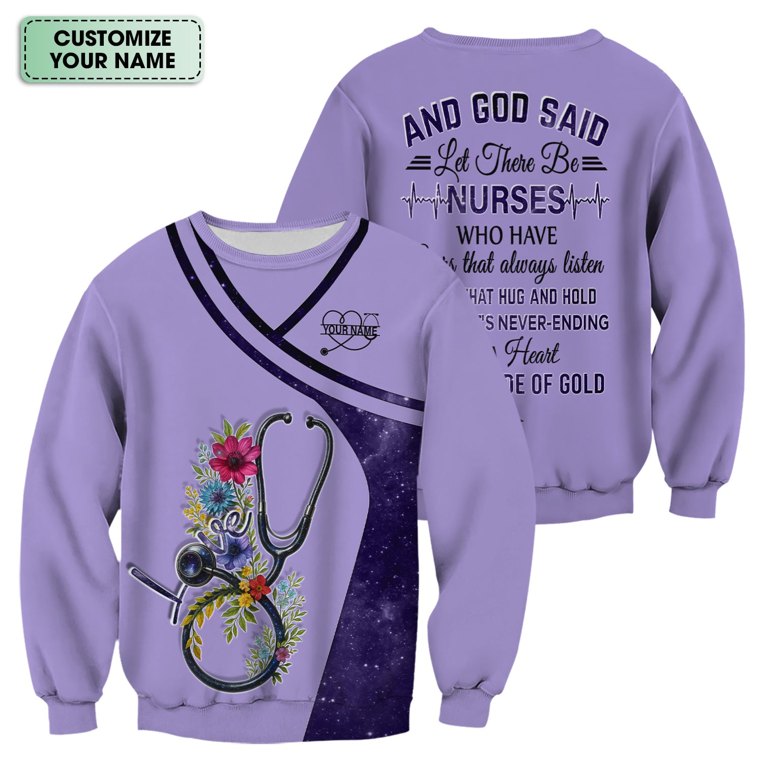 Custom Nurse Love T-Shirt - Floral Stethoscope & Galaxy Design - Personalized Gift for RN LPN CNA Healthcare Professionals