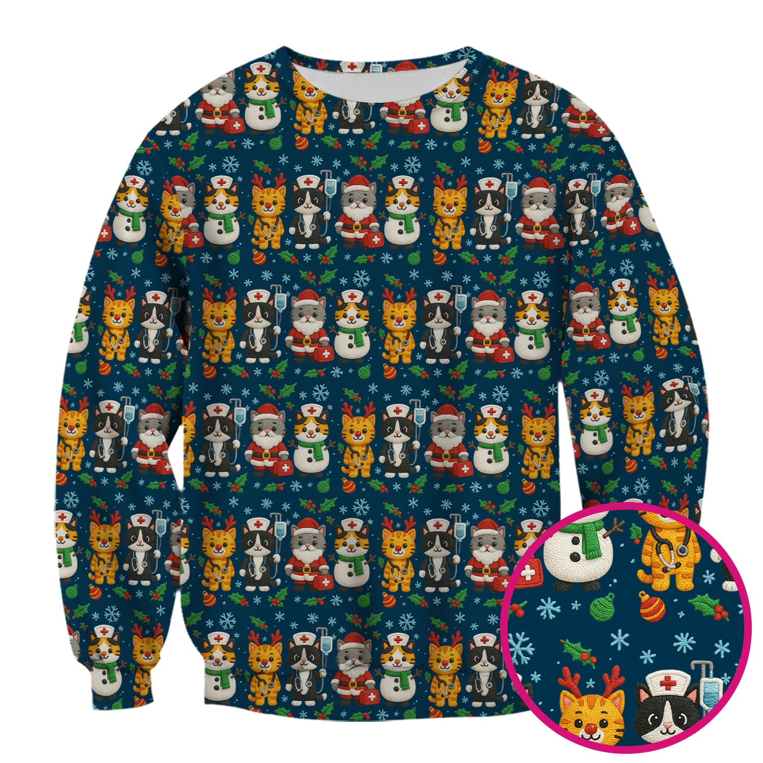 Christmas Cat Nurse Pattern Scrub Top, Cute Holiday Kitty Medical Uniform Shirt For Nursing