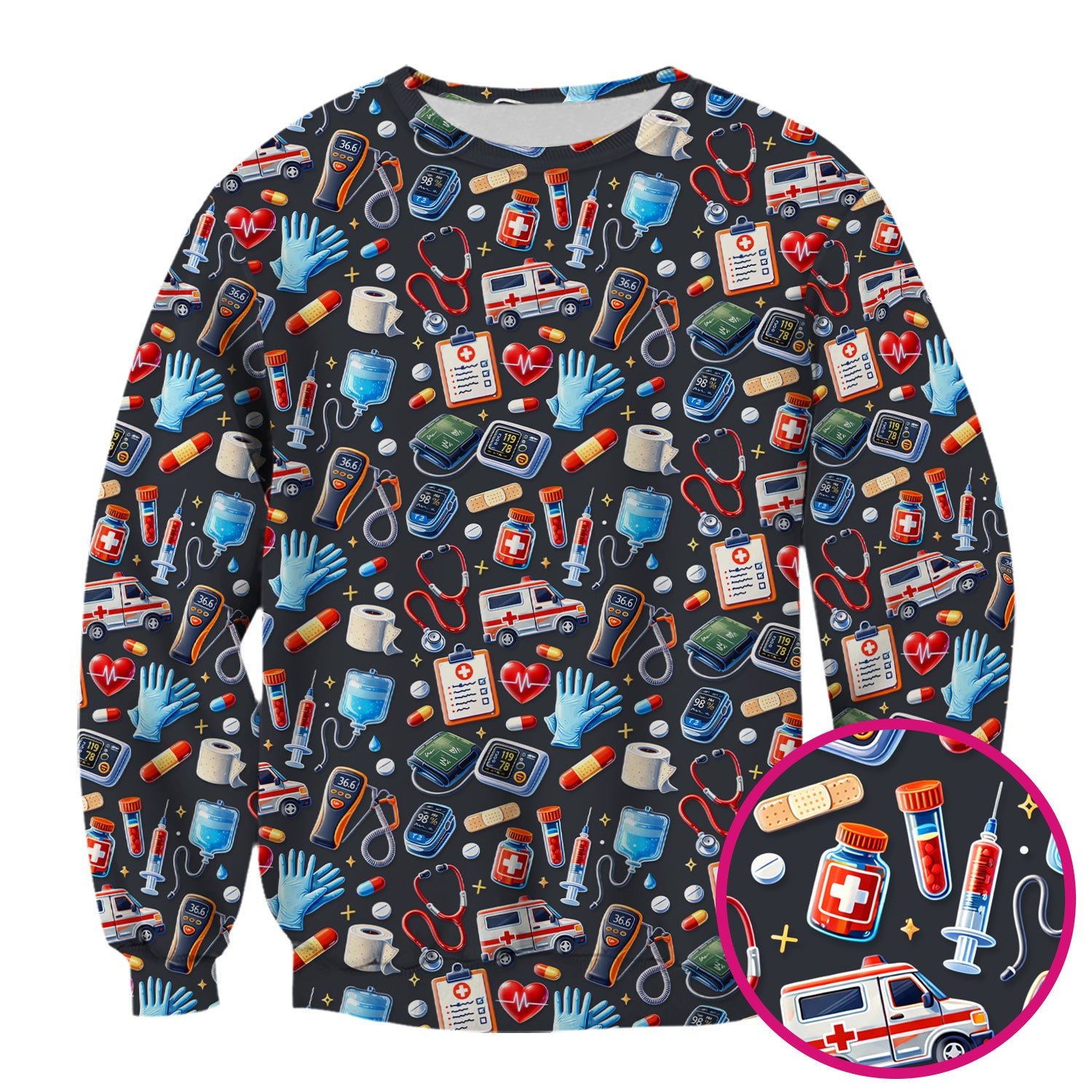 Medical Tools Pattern Ambulance Stethoscope Scrub Top, Comfortable Scrubs for Nurses