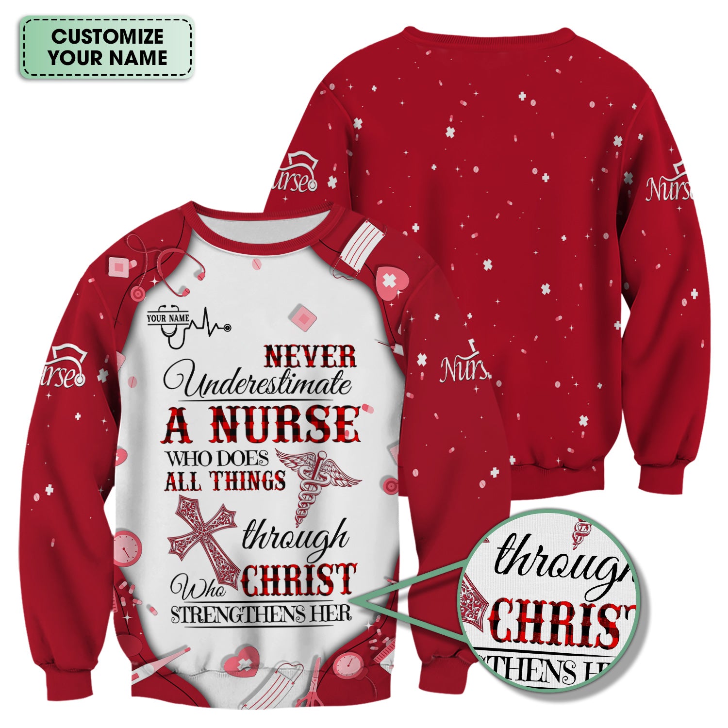 Faith-Based Personalized Nursing Scrub for Women - Bible Verse All Things Through Christ - Gift for RN, LPN, CNA Healthcare Professionals