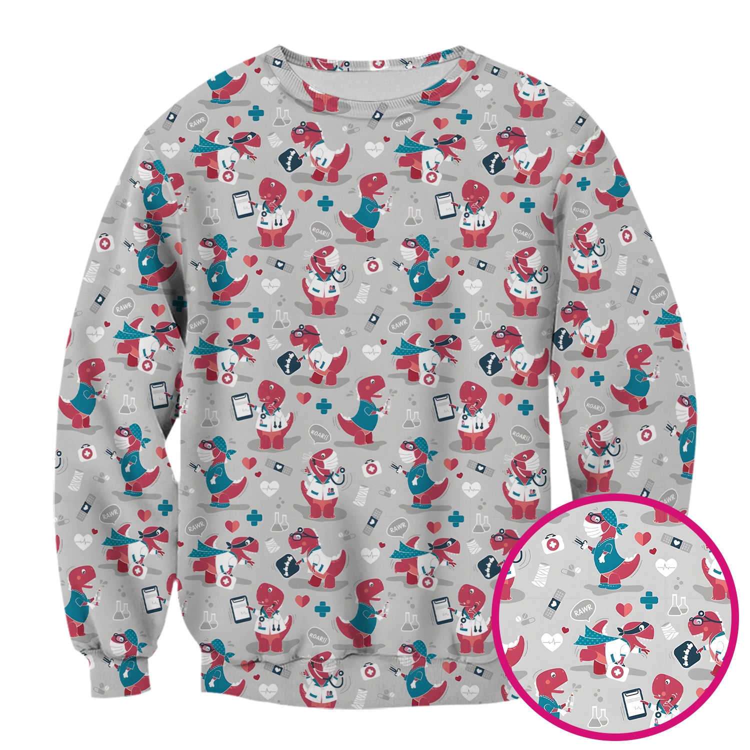 Cute Dinosaur Doctor Medical Pattern Scrub Top, Breathable Fabrics Nursing Uniform