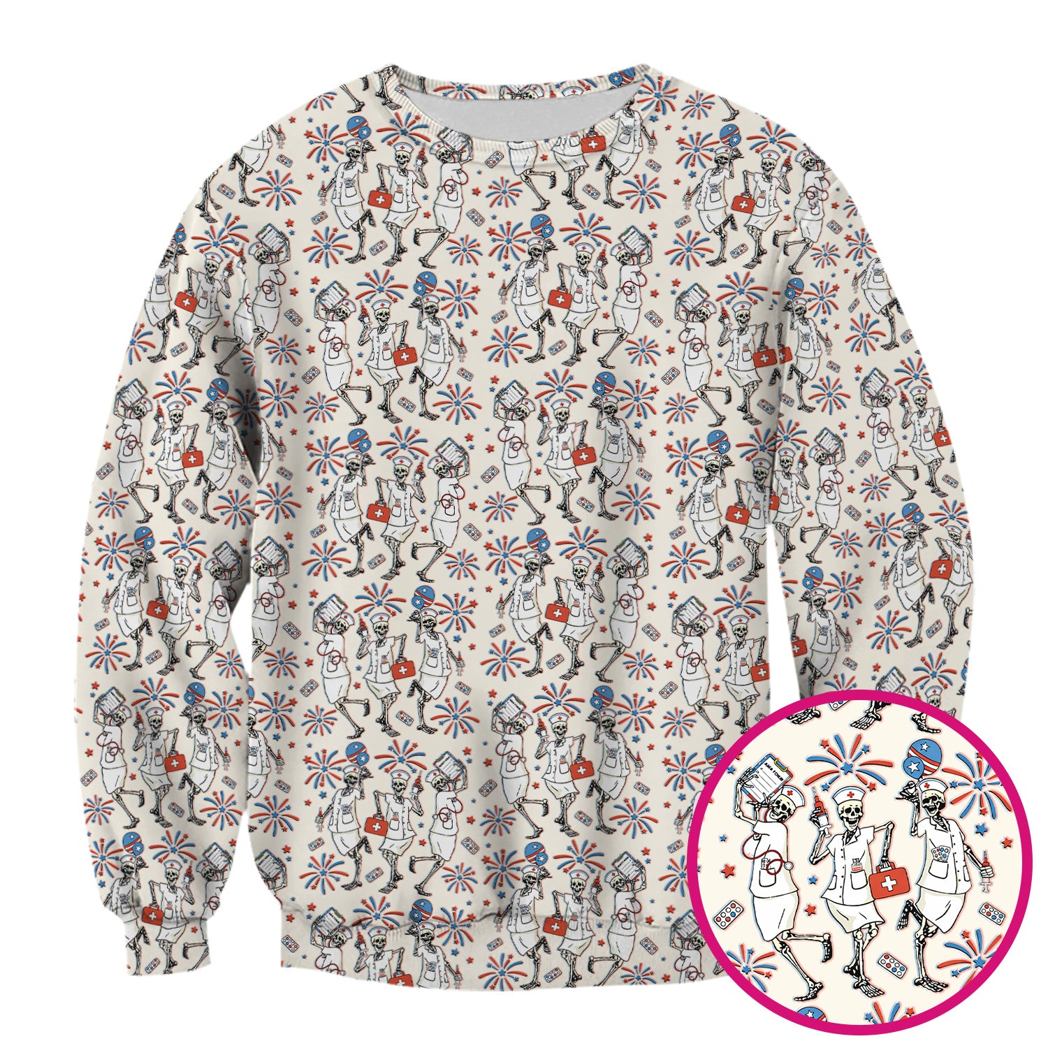 Funny Skeleton Nurse Patriotic Print Scrub Top, Halloween USA Fireworks Nursing Uniform for Women
