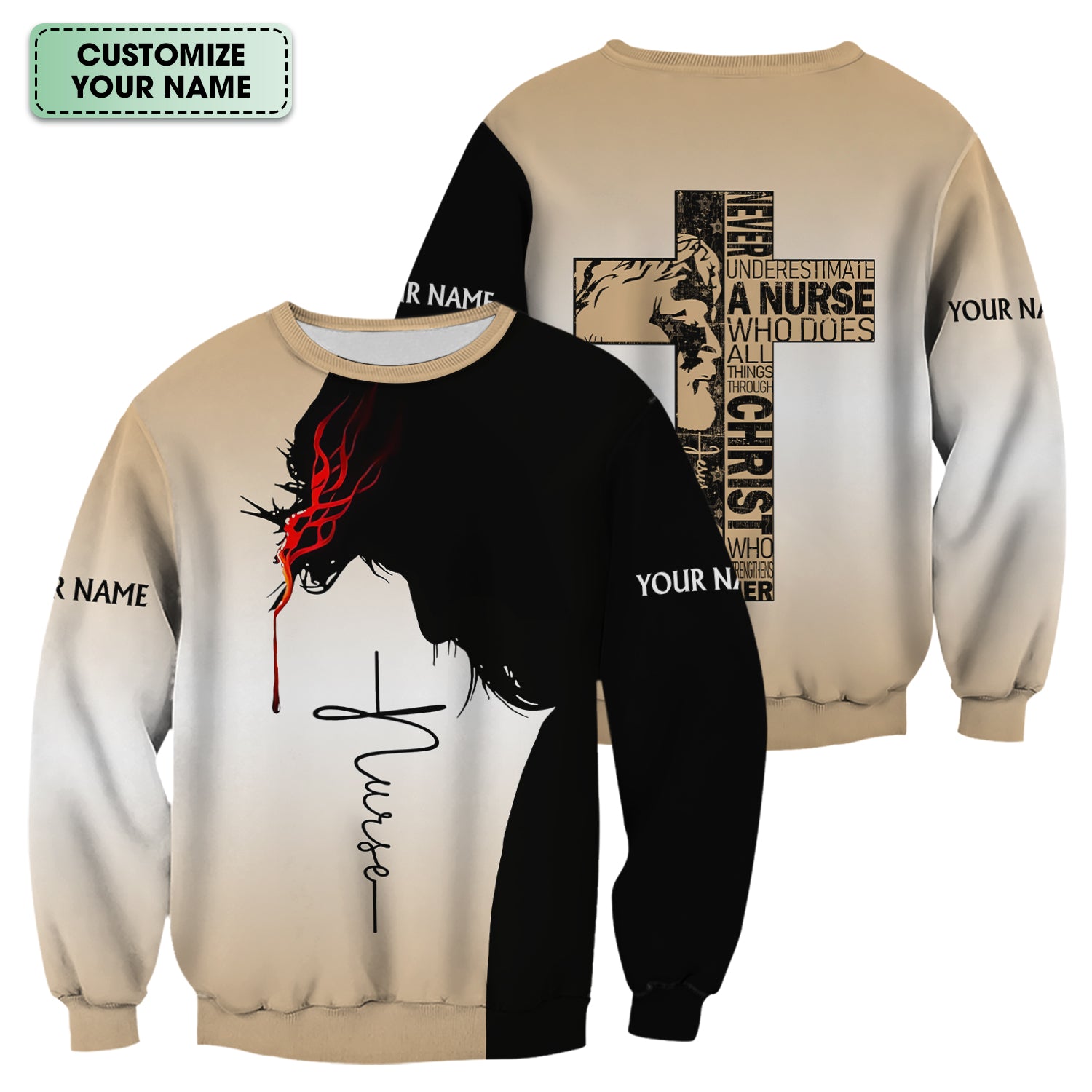 Personalized Christian Nurse Scrub Top - Christian Cross & Jesus Faith Design - Gift for RN LPN CNA