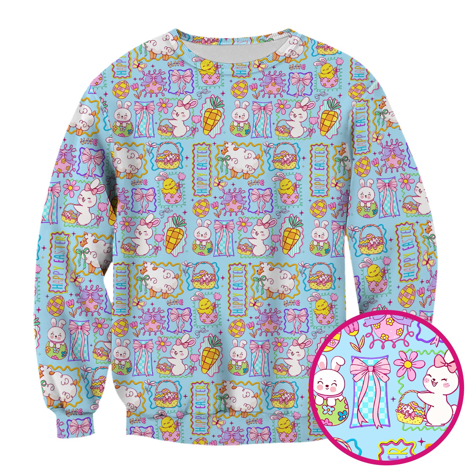 Cute Easter Bunny Egg and Bow Print Scrub Top, Breathable Fabrics Nursing Uniform