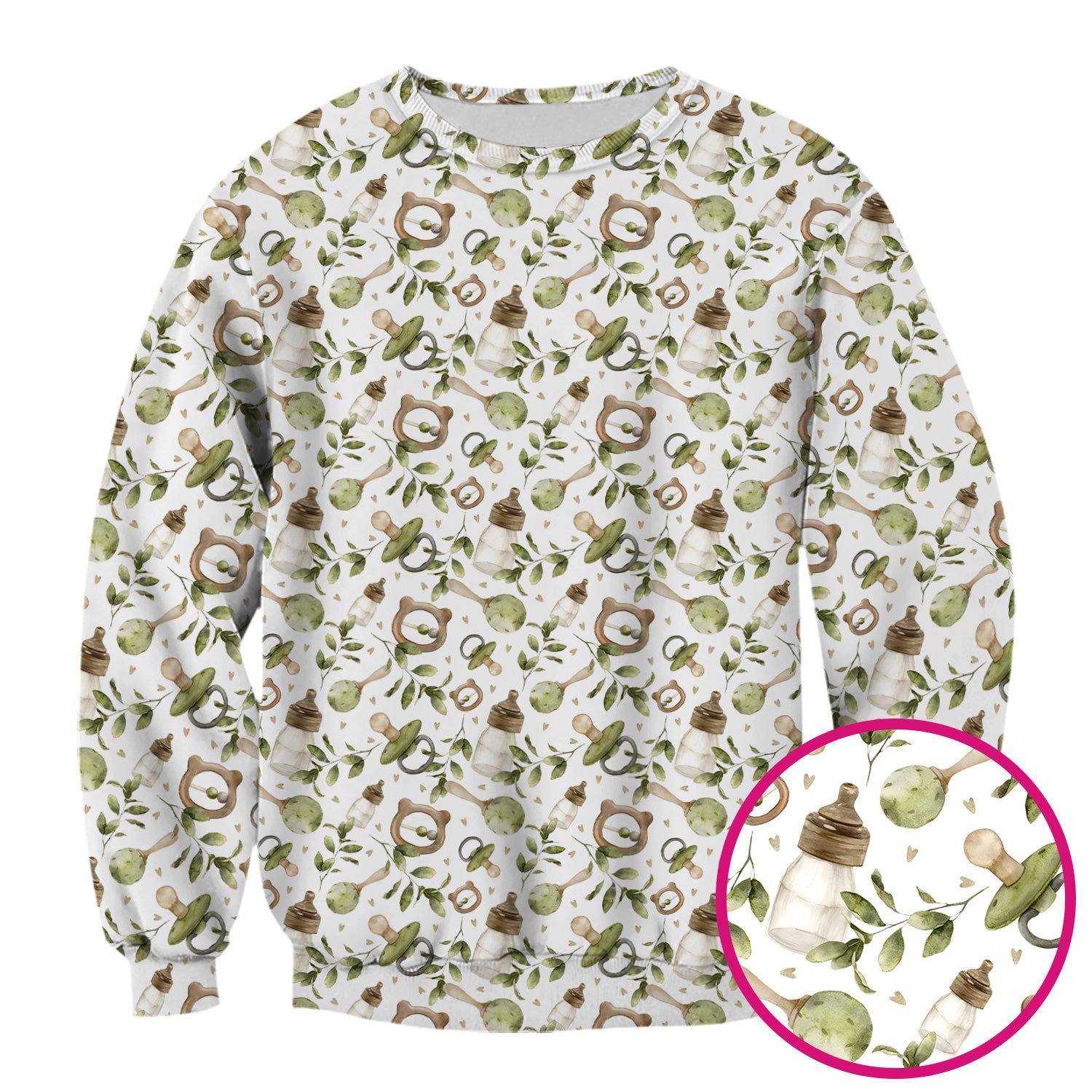 Cute Baby Bottle and Greenery Pattern Scrub Top, Breathable Fabrics Nursing Uniform