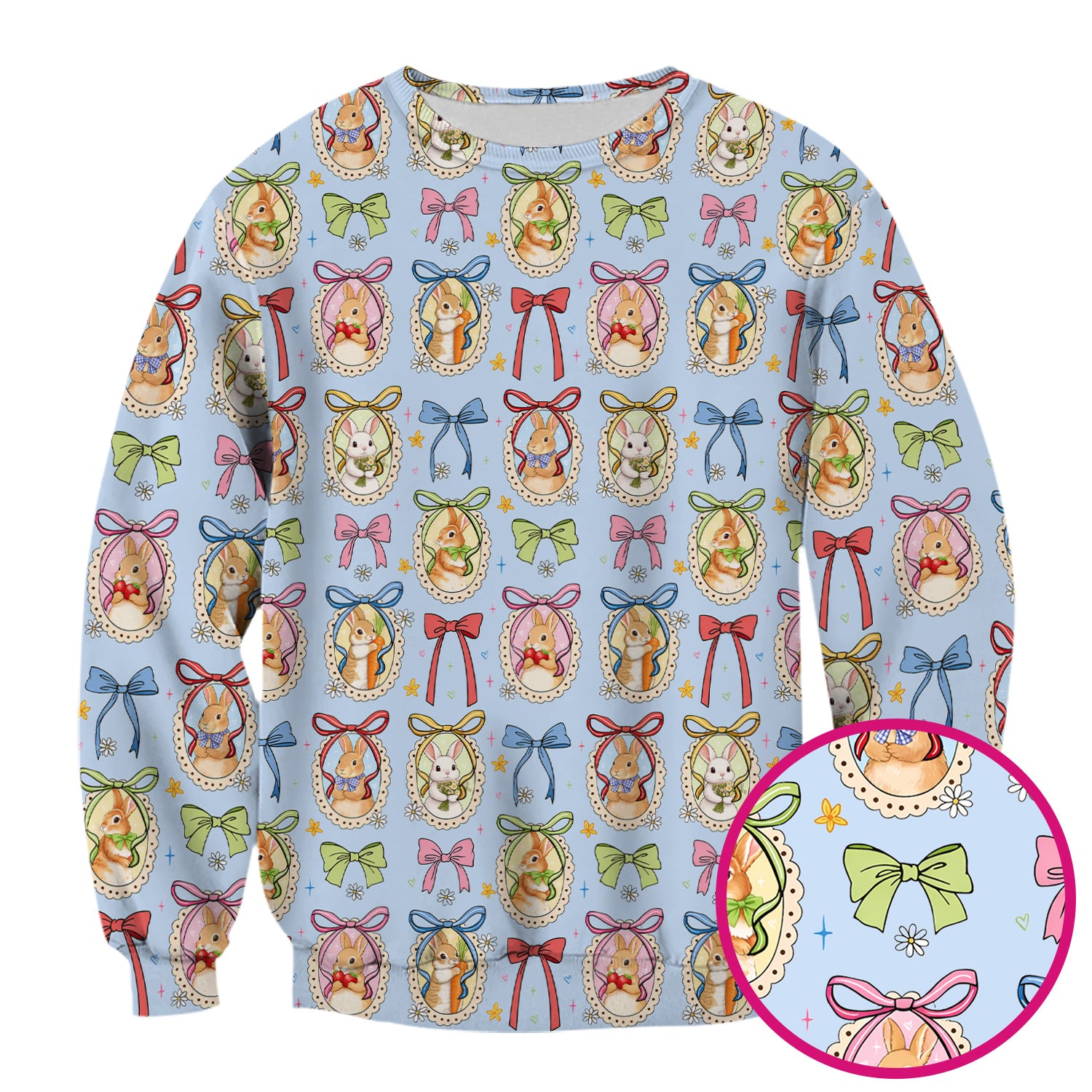 Cute Easter Bunny Cameo Colorful Bow Pattern Scrub Top, Breathable Fabrics Nursing Uniform