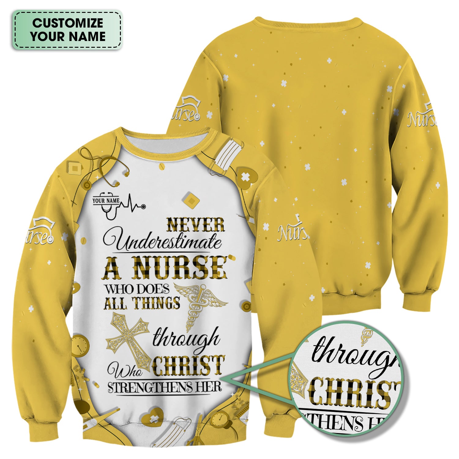 Faith-Based Personalized Nursing Scrub for Women - Bible Verse All Things Through Christ - Gift for RN, LPN, CNA Healthcare Professionals
