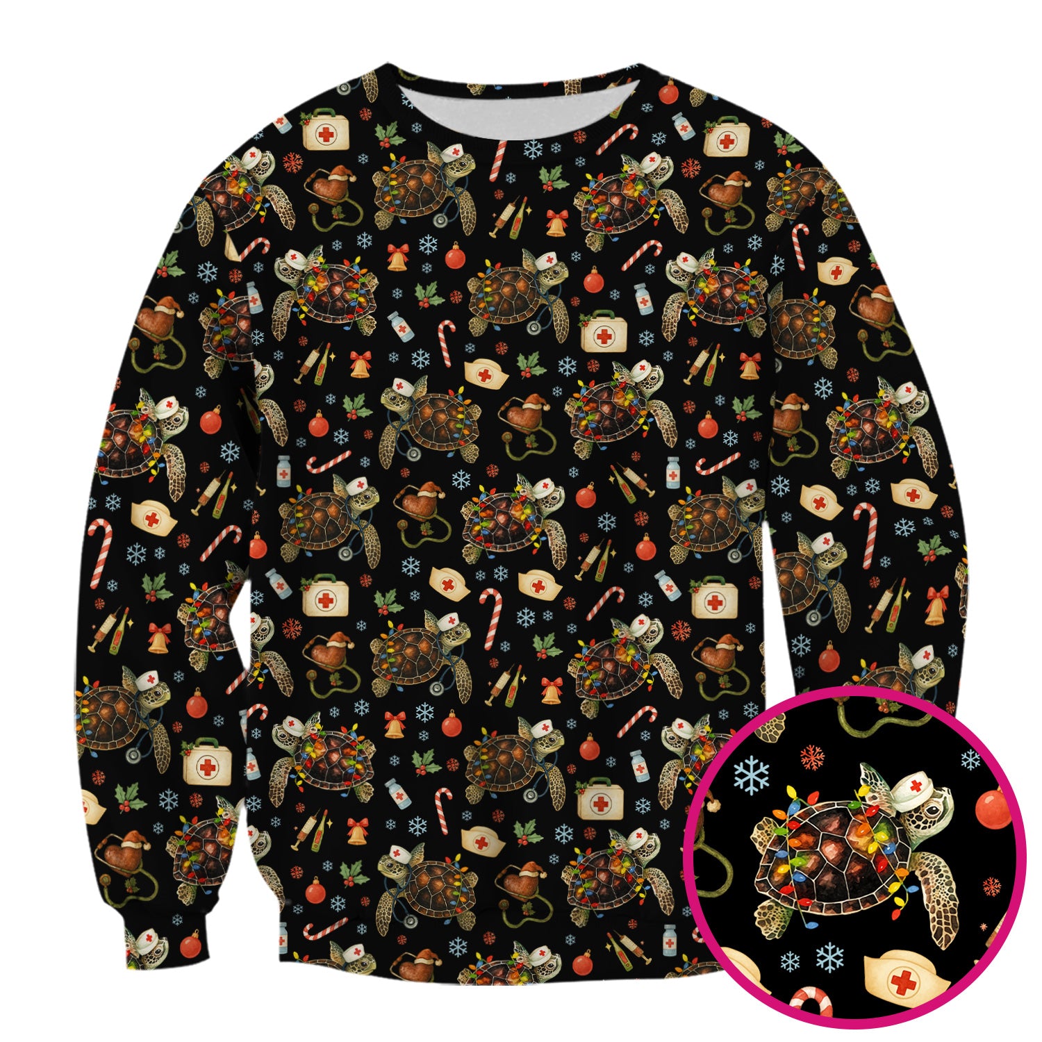 Funny Christmas Scrub Top - Sea Turtle with Xmas Lights Shirt - Holiday Nurse Scrubs for Women