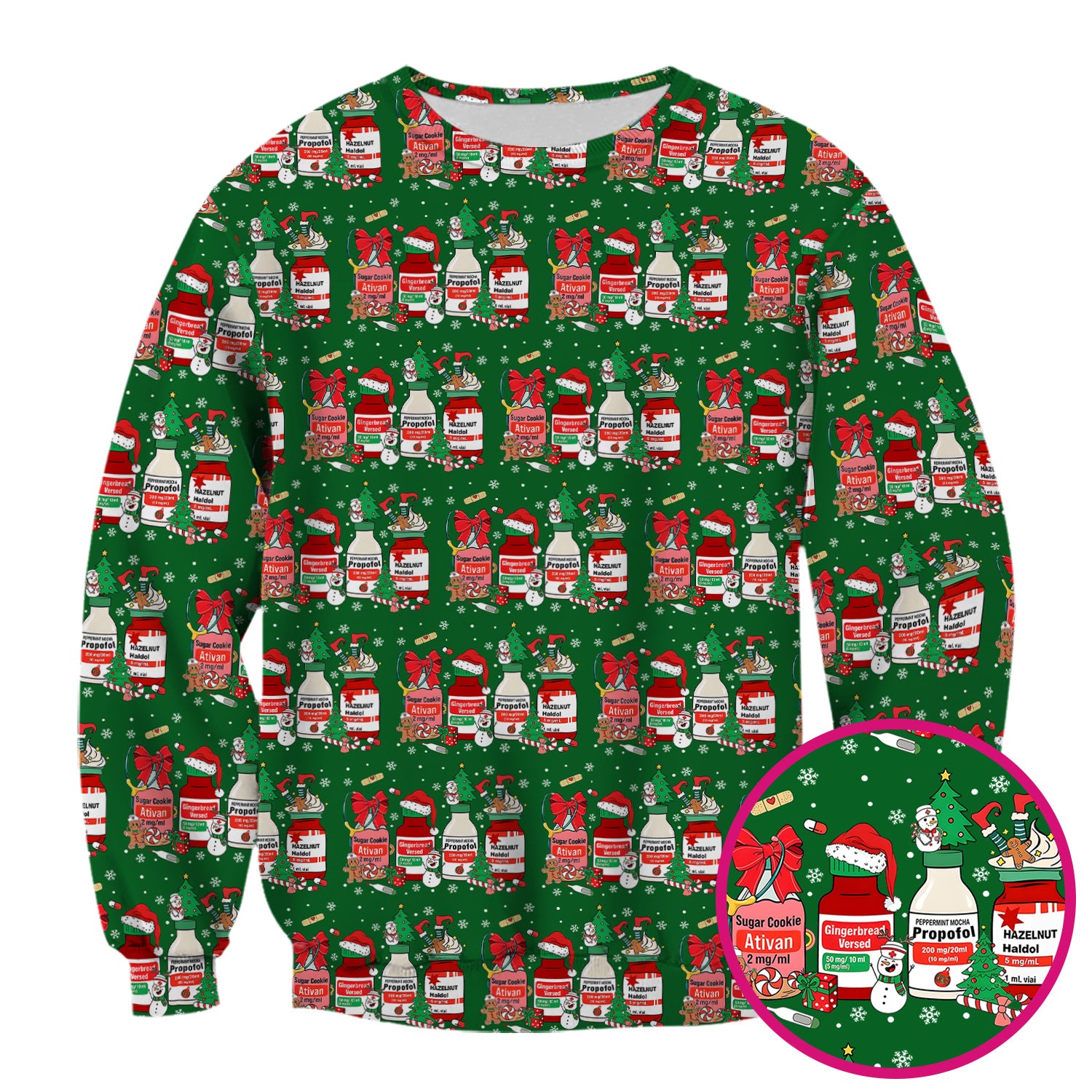 Funny Christmas Medication Scrub Top – Festive Holiday Pharma Bottles Pattern – Playful Medical Uniform for Nurses, Pharmacists & Healthcare Workers