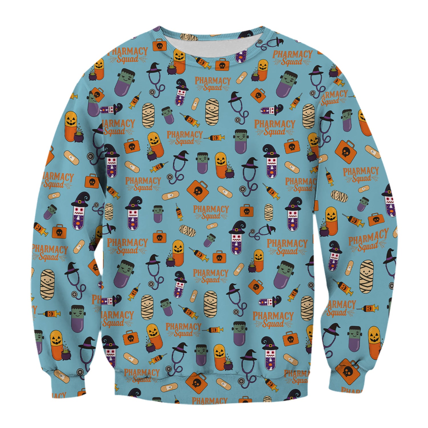 Halloween Pharmacy Squad Scrub Top - Funny Medical Pattern Scrubs for Women - Cute Halloween Pill and Witch Print Shirt for Pharmacists