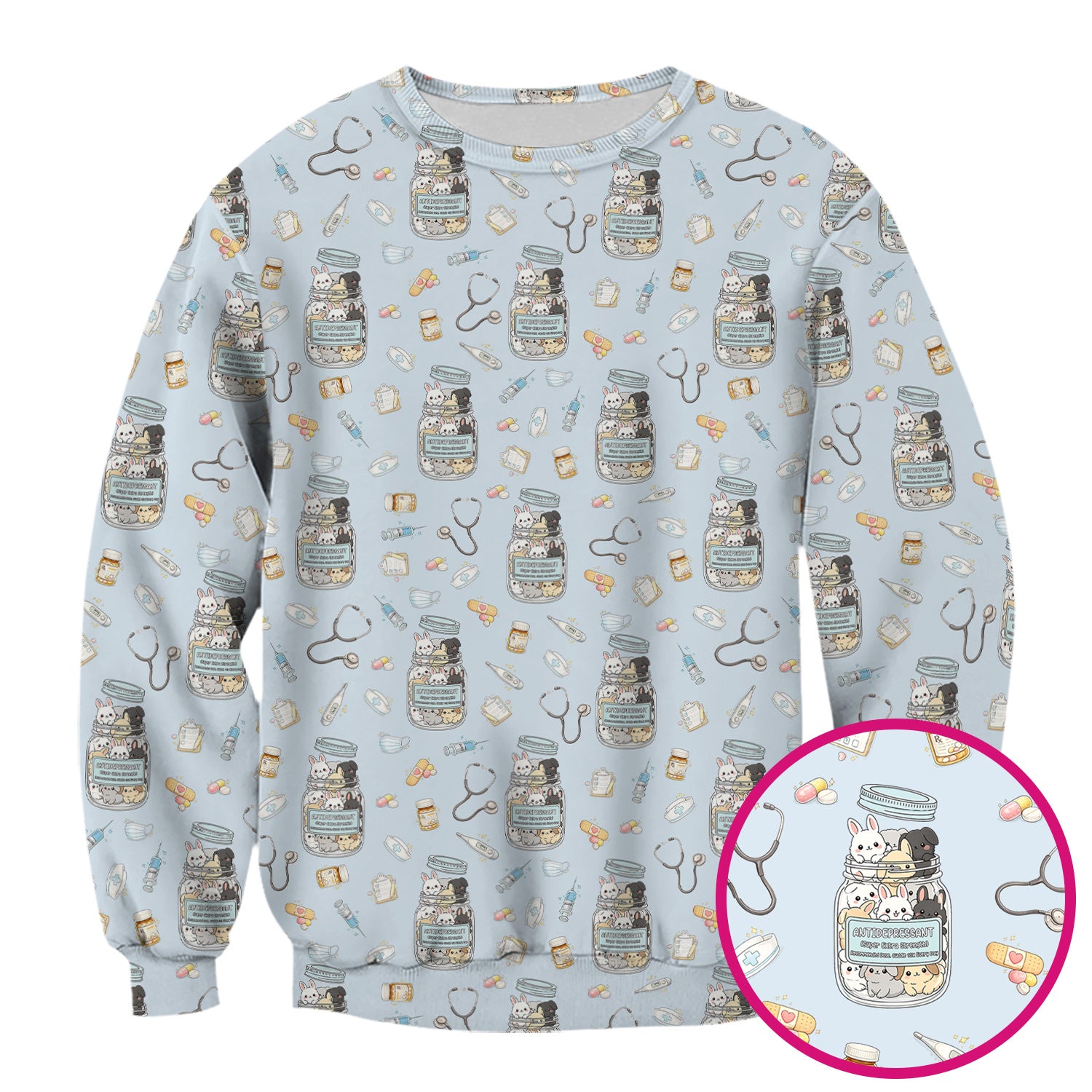 Whimsical Antidepressant Rabbit Jar Design Nurse Scrub Top, Soft & Breathable Workwear
