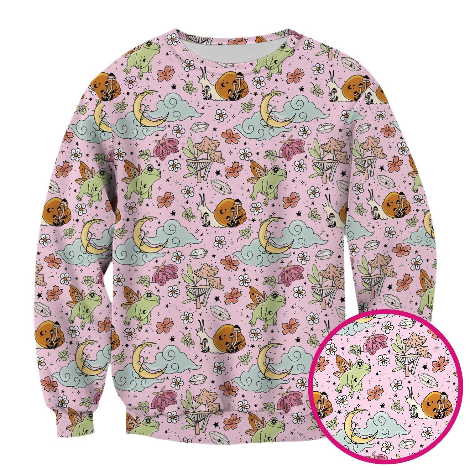 Whimsical Frog Moon Mushroom Pattern Scrub Top, Fantasy Nature Print, Breathable Fabrics Nursing Uniform