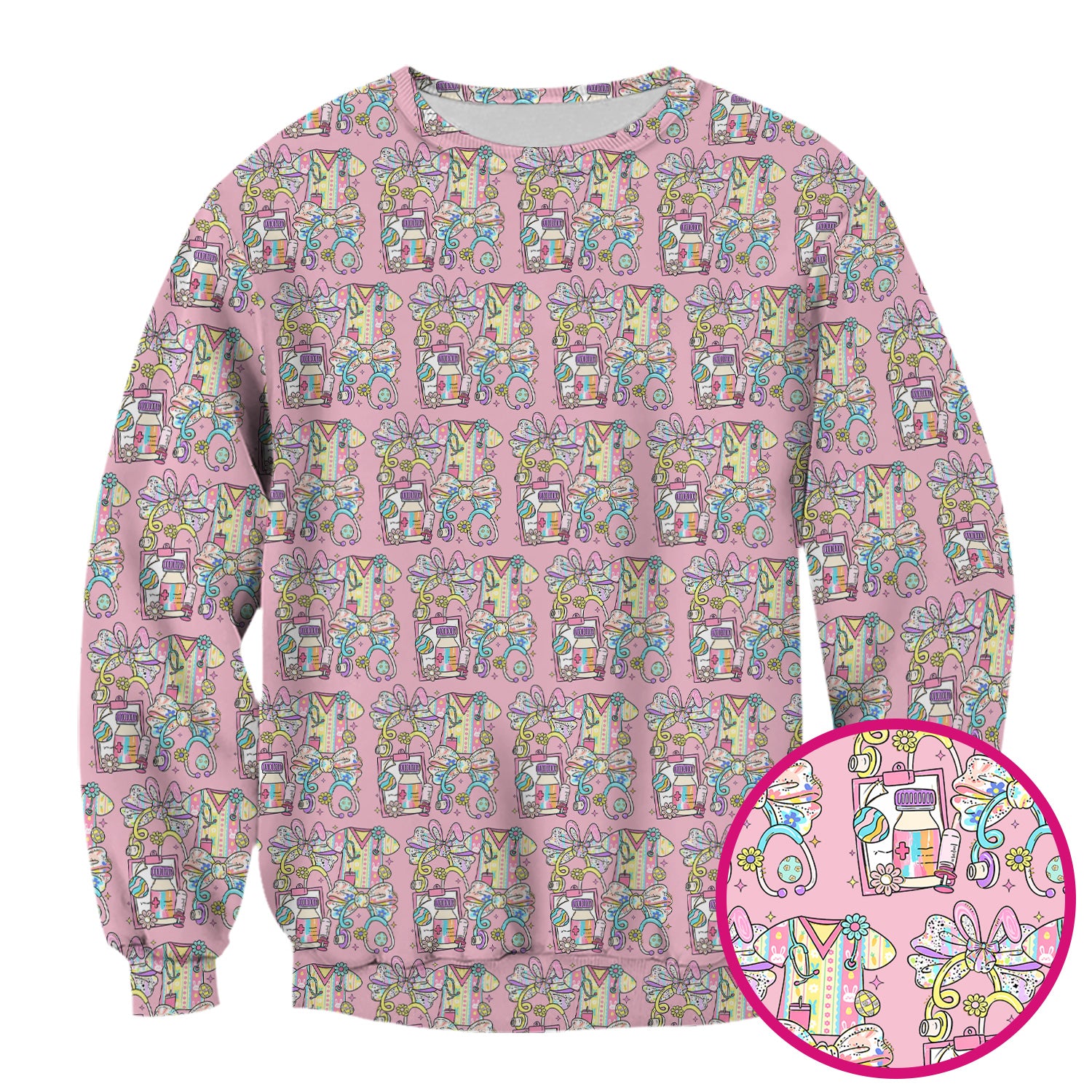 Colorful Nurse Scrub Supplies Pattern Scrub Top, Breathable Fabrics Nursing Uniform