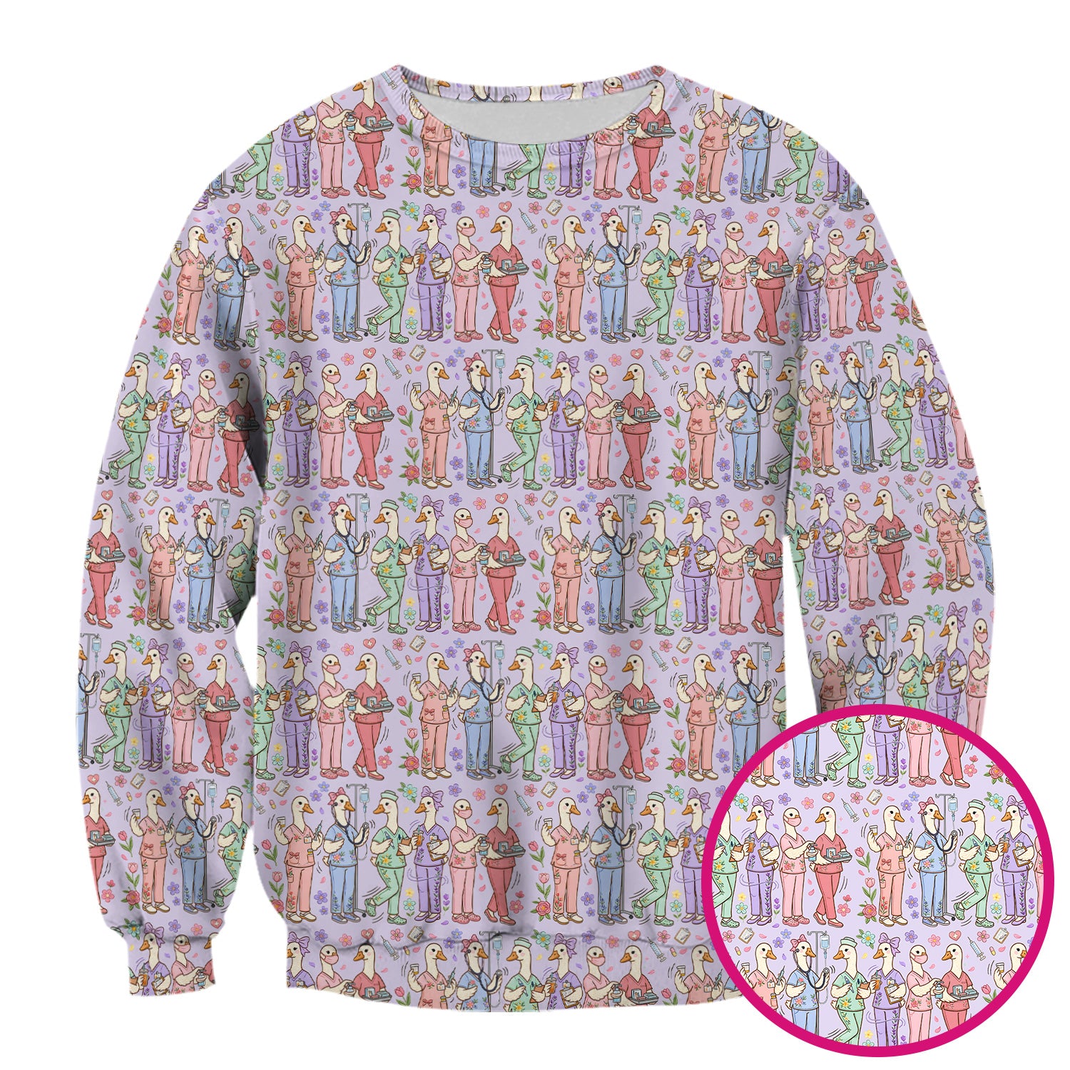 Goose Characters Floral Medical Team Uniform Pattern Scrub Top, Breathable Fabrics Nursing Uniform