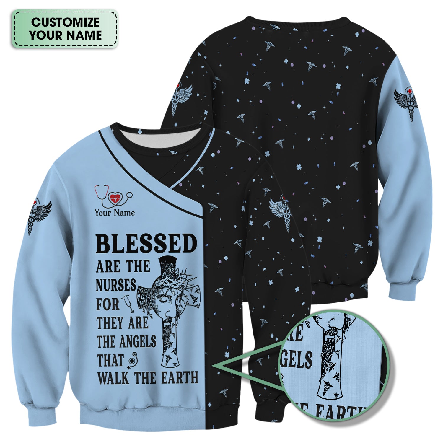 Personalized Christian Nurse Scrub Top - Jesus Cross & Angels That Walk The Earth Quote - Gift for Women RN LPN