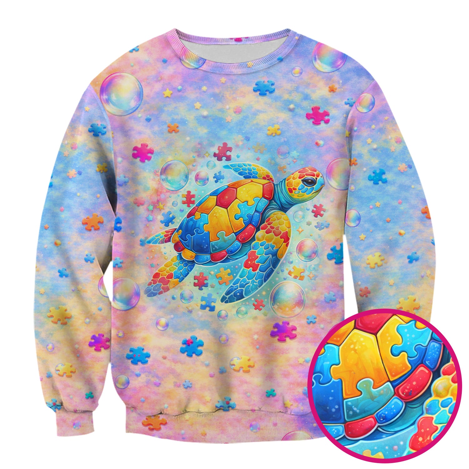 Autism Puzzle Sea Turtle Pastel Rainbow Print Scrub Top, Comfortable Scrubs for Nurses