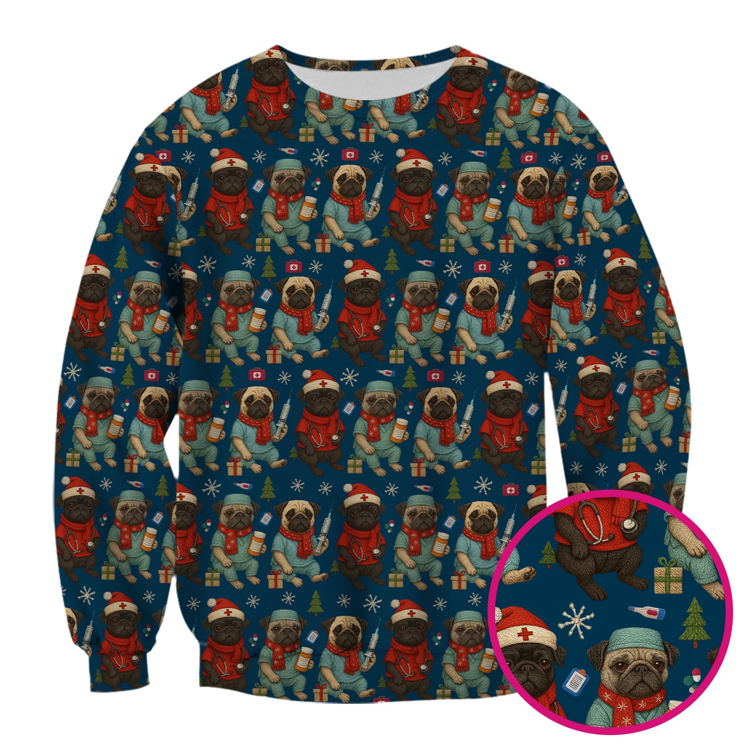 Christmas Pug Nurse Scrub Top, Cute Holiday Dog Medical Uniform Shirt For Nursing