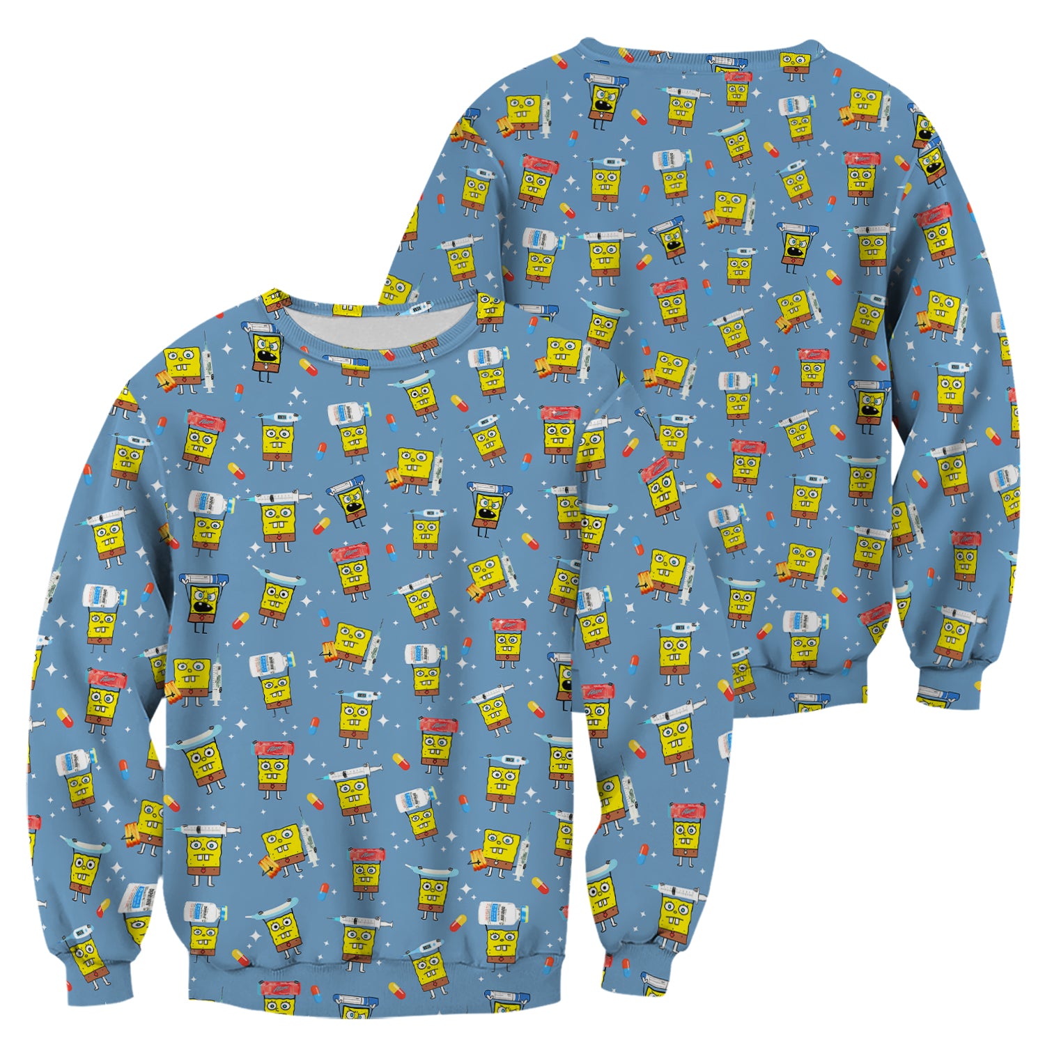 Cartoon Character Scrub Top - All-Over Print Doodle Medical Characters - Gift for RN LPN Healthcare Workers