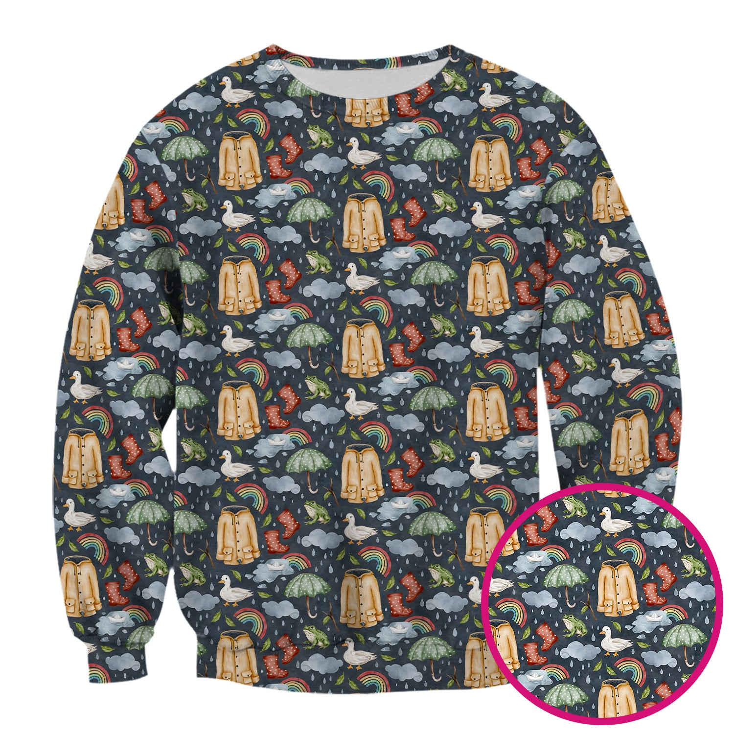 Cute Rainy Day Ducks & Frog Rainbow Pattern Scrub Top, Colorful Gothic Nurse Scrubs Uniform