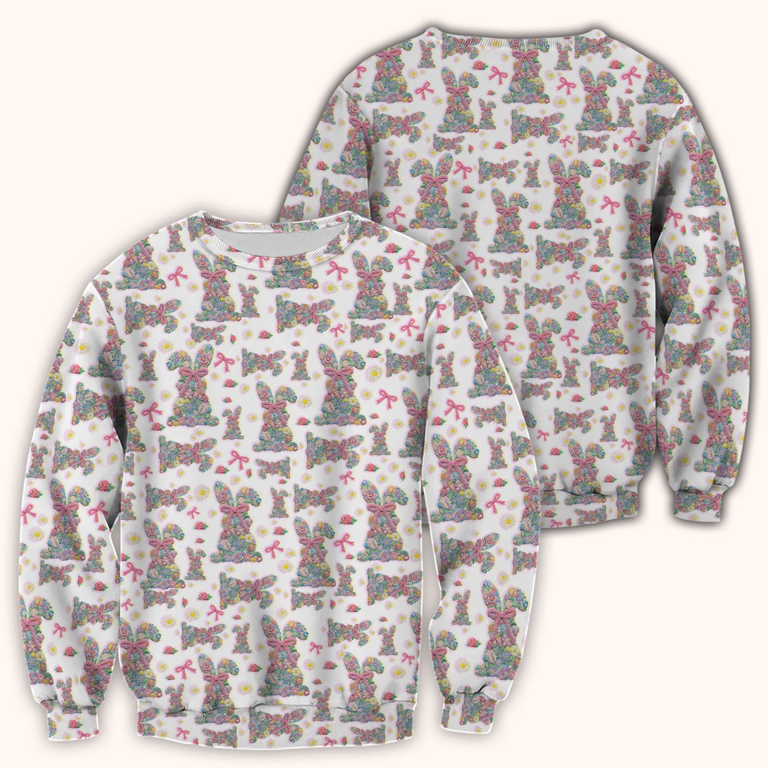 Colorful Floral Bunny with Pink Bow Pattern Scrub Top, Breathable Fabrics Nursing Uniform, Easter