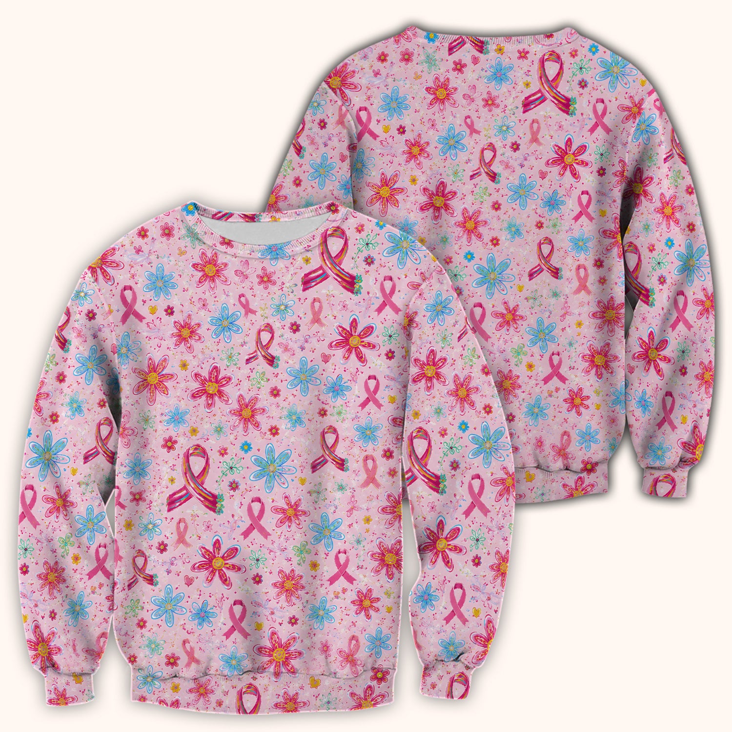 Floral Breast Cancer Awareness Print Scrub Top, Comfortable Scrubs for Nurses