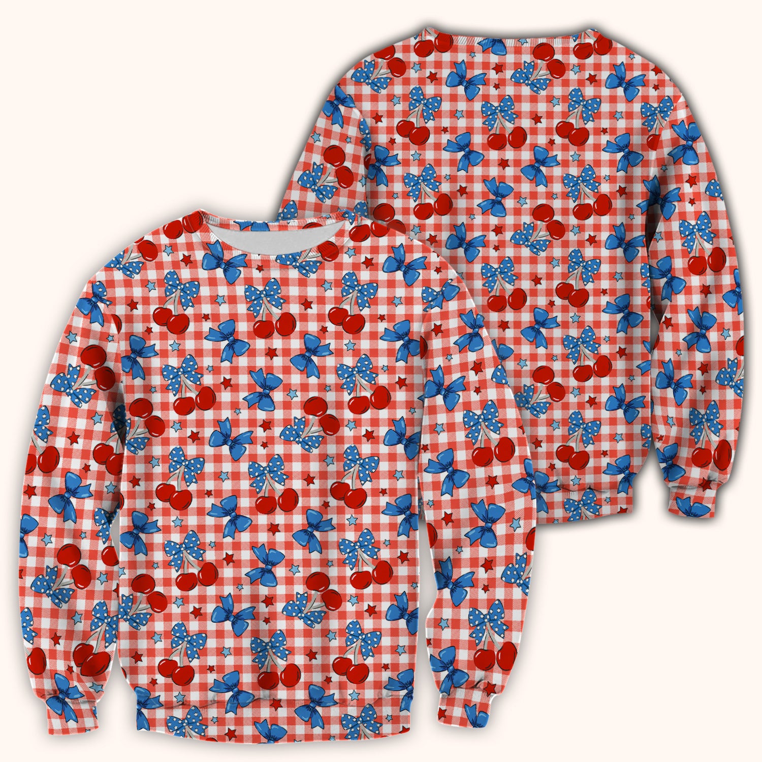 Cute Patriotic Cherry Bow Checkered Pattern Scrub Top, Comfortable Scrubs for Nurses
