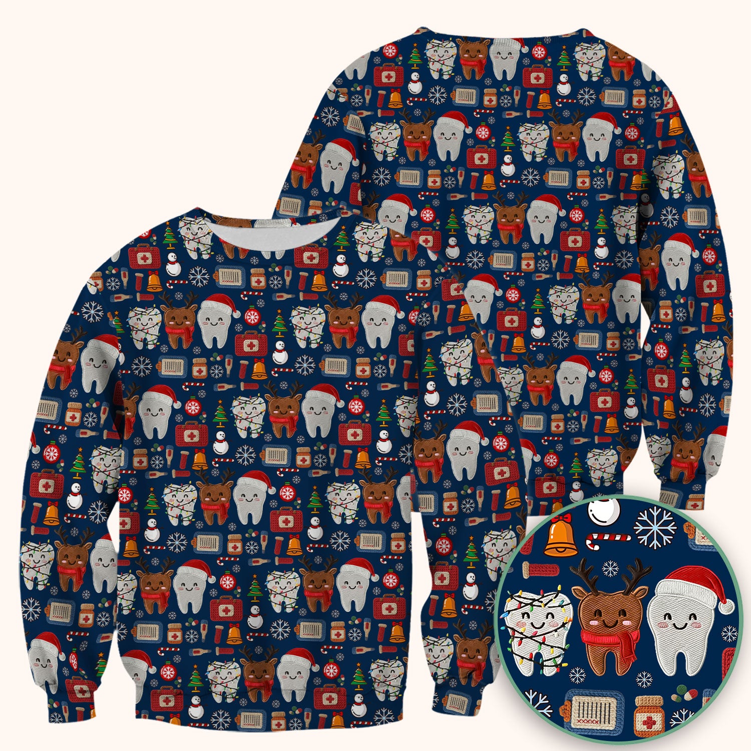 Christmas Dental Scrub Top - Cute Santa & Reindeer Tooth Shirt - Funny Holiday Medical Uniform for Dentists, Hygienists & Nurses