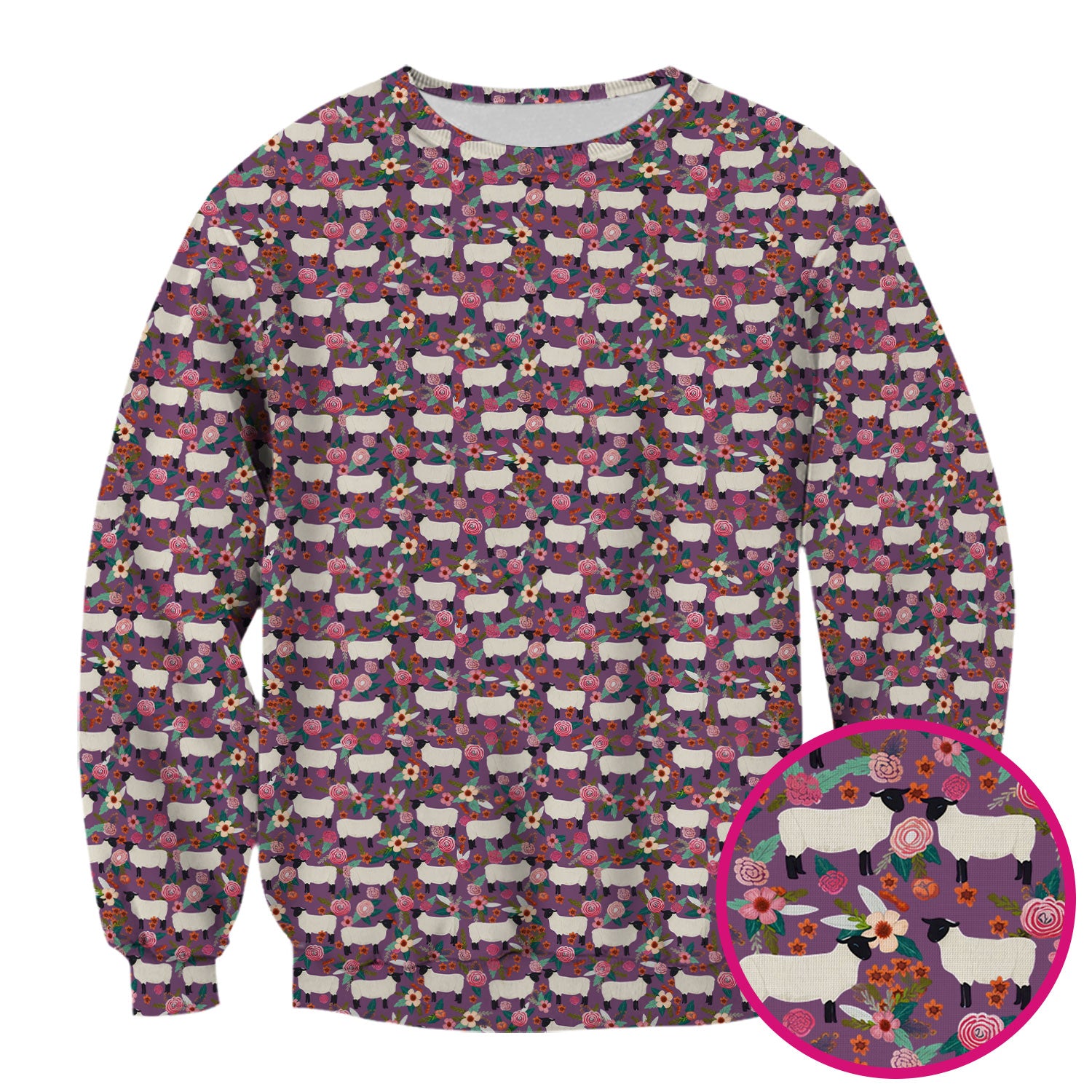 Cute Sheep Floral Meadow Pattern Scrub Top, Comfortable Scrubs For Nurses