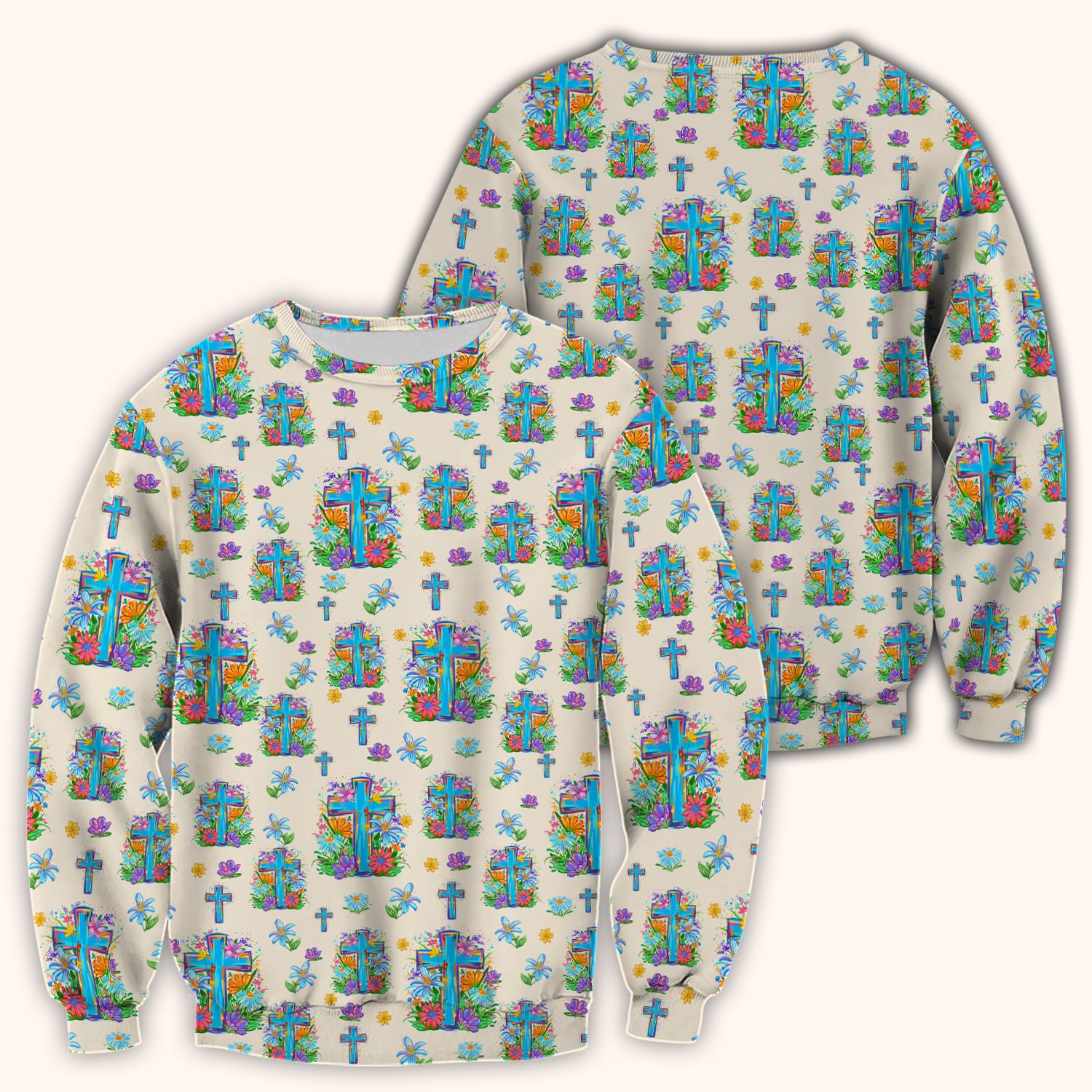 Christian Floral Cross Spring Pattern Scrub Top, Comfortable Scrubs for Nurses