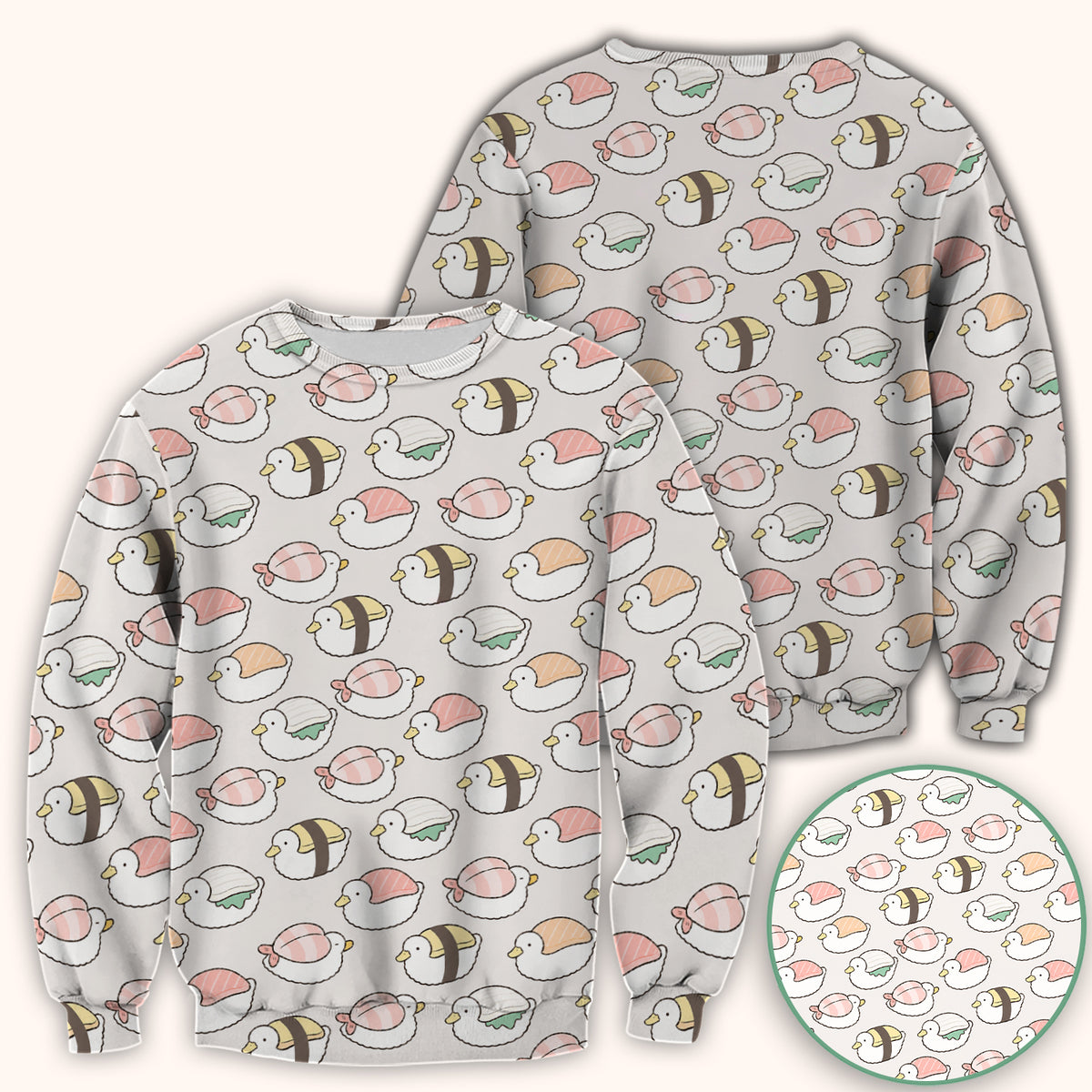 Cute Nigiri Sushi Ducks Pattern Scrub Top, Comfortable Scrubs for Nurses