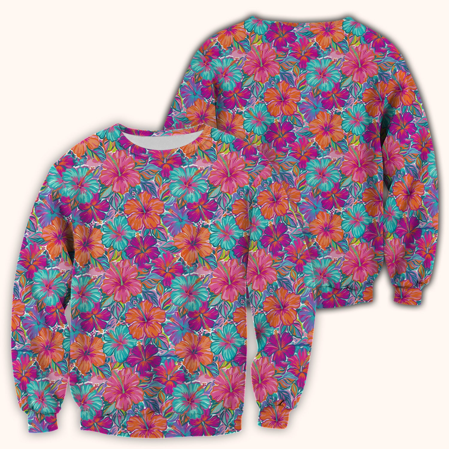 Vibrant Hibiscus Tropical Floral Pattern Scrub Top, Comfortable Scrubs for Nurses