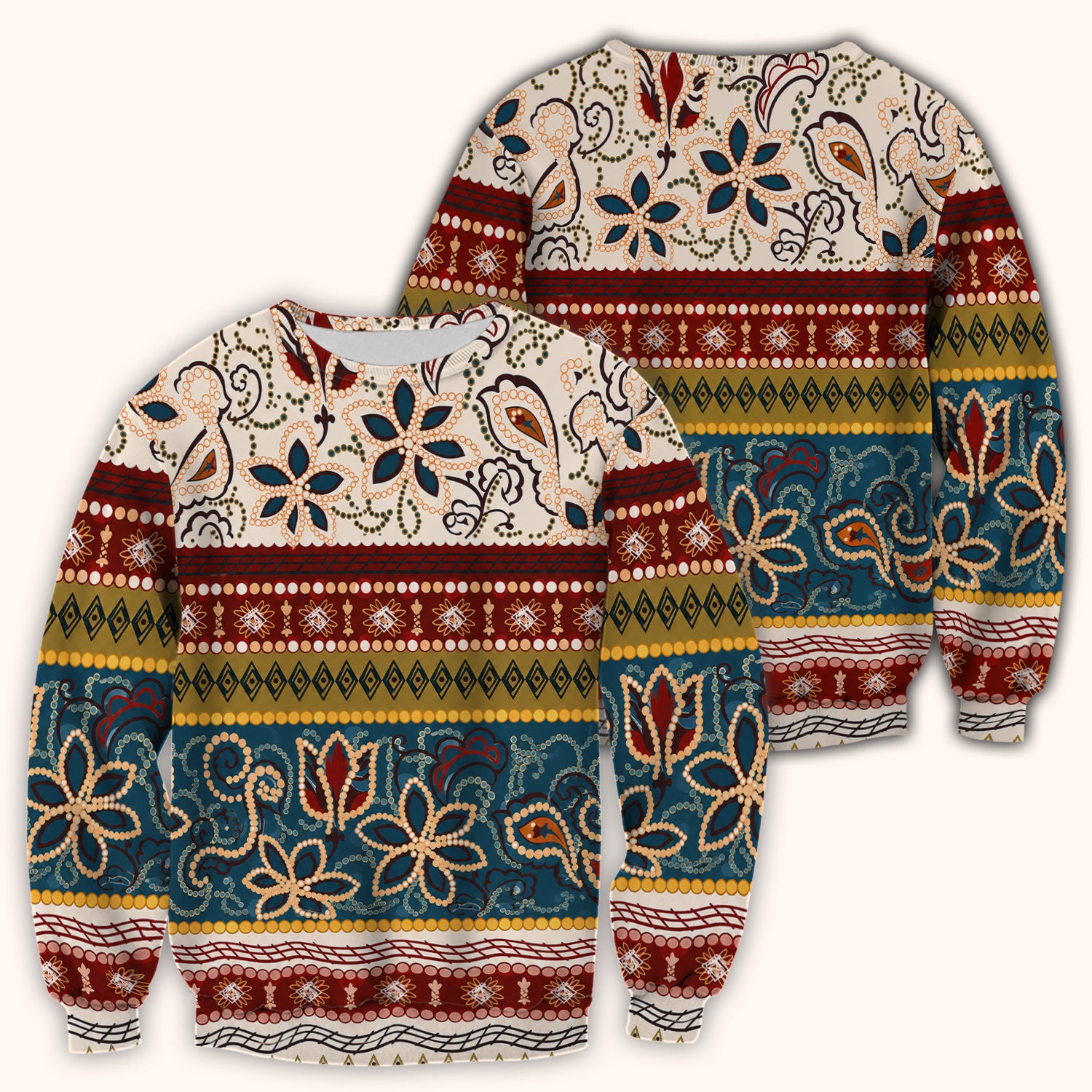 Boho Paisley Floral Stripe Pattern Scrub Top, Comfortable Scrubs for Nurses