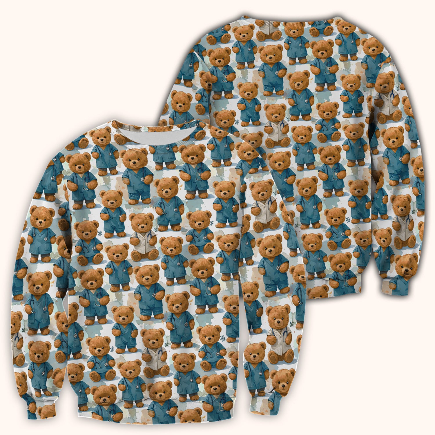 Teddy Bear Doctor Character Pattern Scrub Top, Comfortable Scrubs for Nurses
