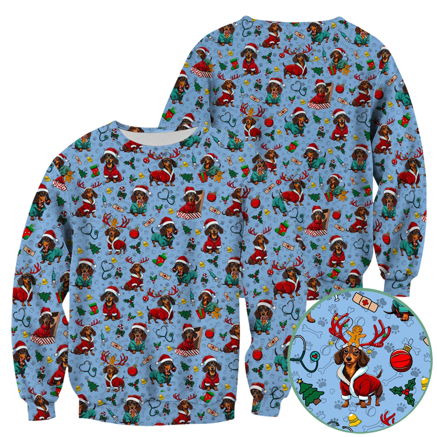 Christmas Dachshund Scrubs for Nurses - Cute Sausage Dog Holiday Scrub Top - Funny Reindeer & Santa Medical Shirt for Women