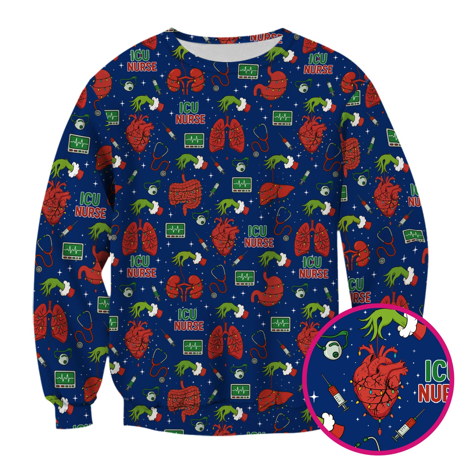 Christmas ICU Nurse Scrub Top - Funny Heart Anatomy Pattern - Holiday Nursing Shirt Gift for RN LPN CNA