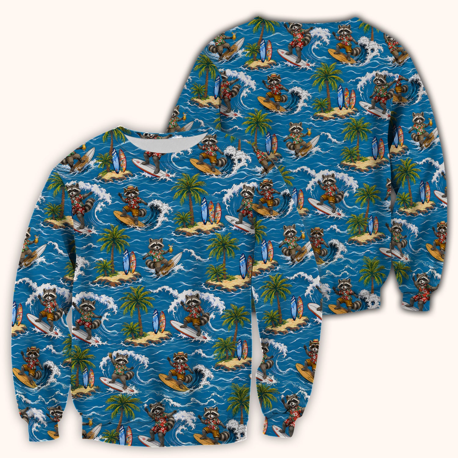 Tropical Surfing Raccoon Island Pattern Scrub Top, Comfortable Scrubs for Nurses
