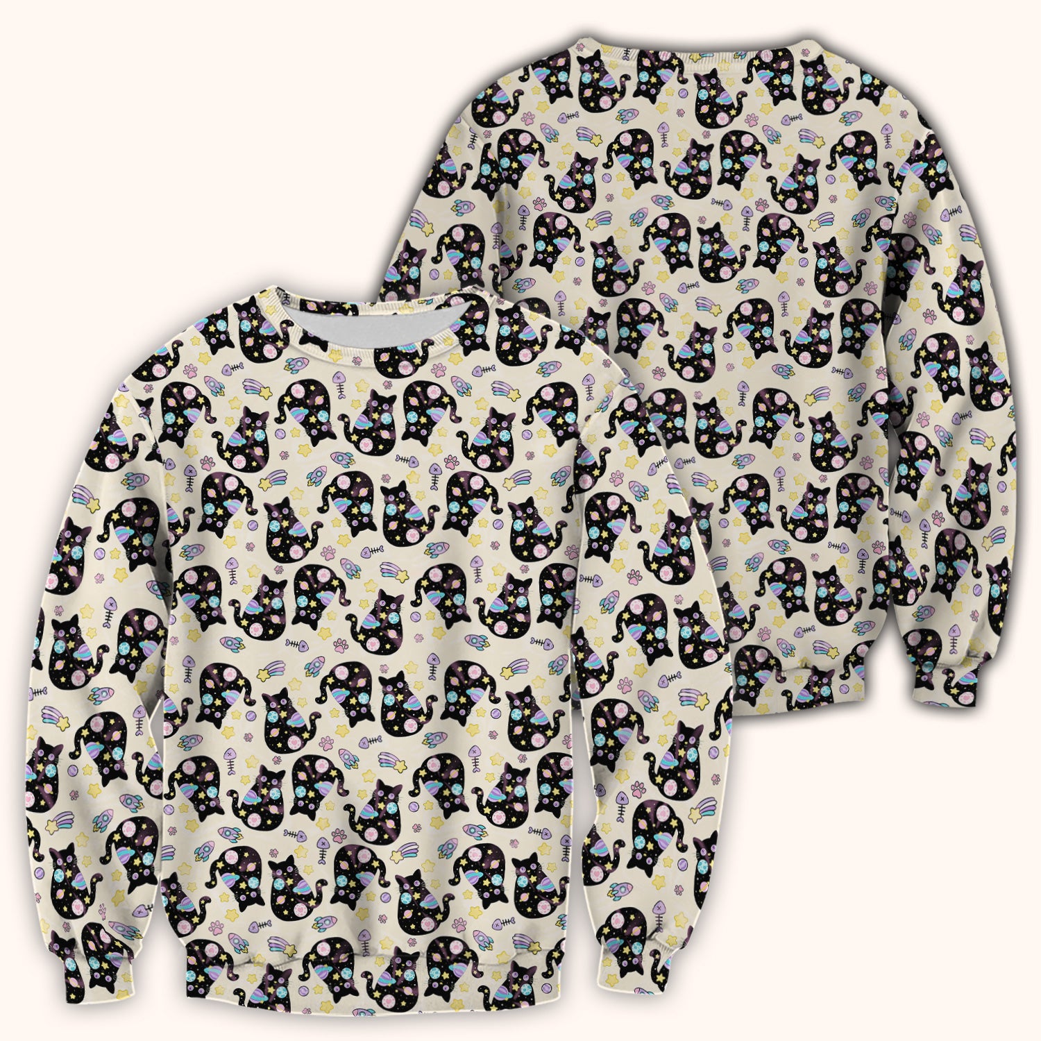 Galaxy Black Cat Space Pattern Scrub Top, Breathable Fabrics Nursing Uniform
