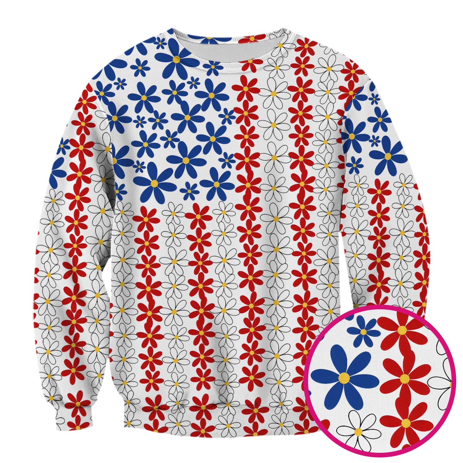 Retro Red Blue Daisy Stripe Pattern Scrub Top, Comfortable Scrubs for Nurses