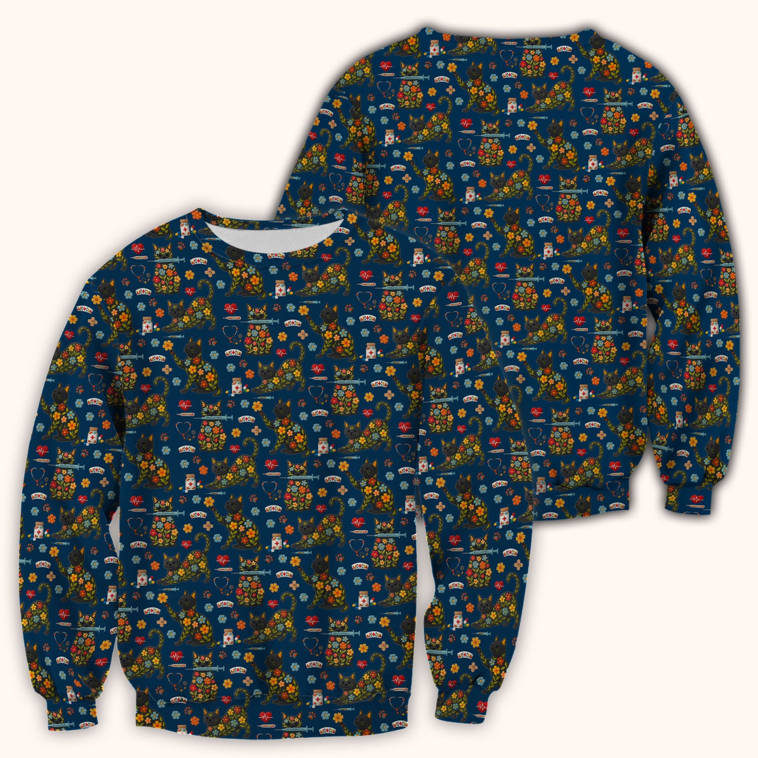 Floral Black Cat Pattern Scrub Top, Cute Cat Nurse Scrub Shirt, Medical Nursing Uniform