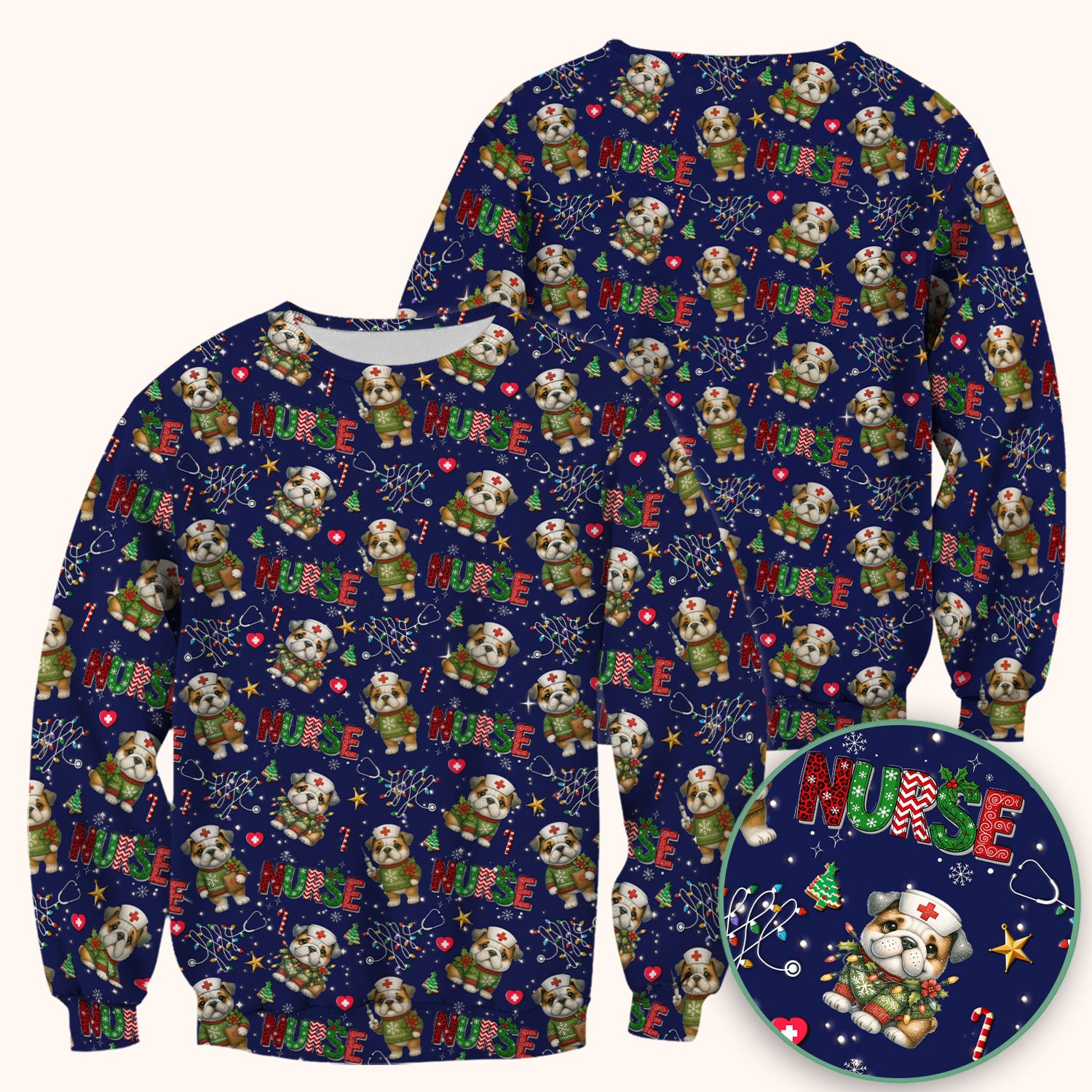 Bulldog Christmas Nurse Scrub Top - Funny Dog Scrub Shirt - Cute Holiday Medical Uniform for Women RN LPN CNA Gift