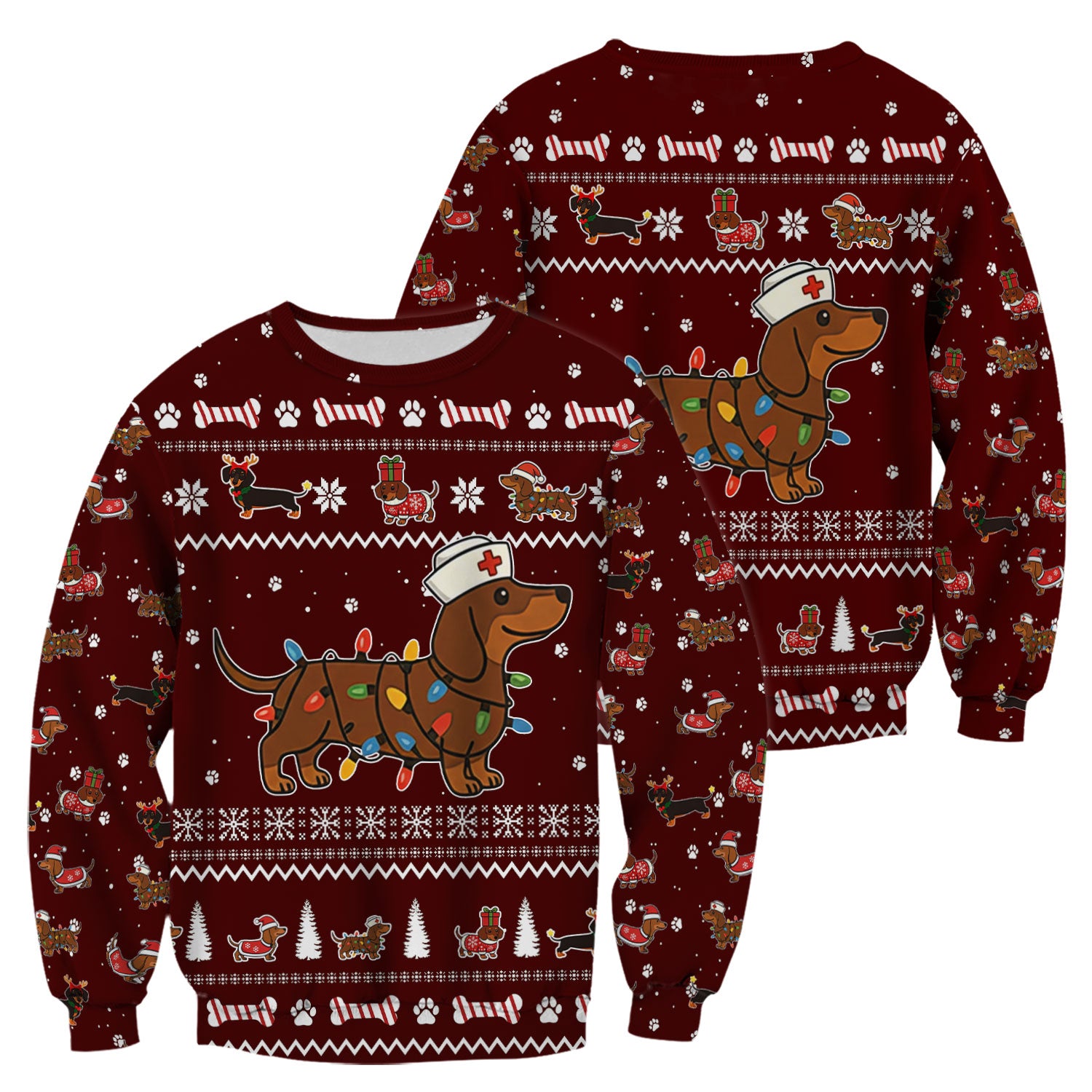 Christmas Dachshund Nurse Scrub Top for Women - Cute Sausage Dog Wearing Lights - Funny Holiday Medical Shirt Gift for RN CNA LPN